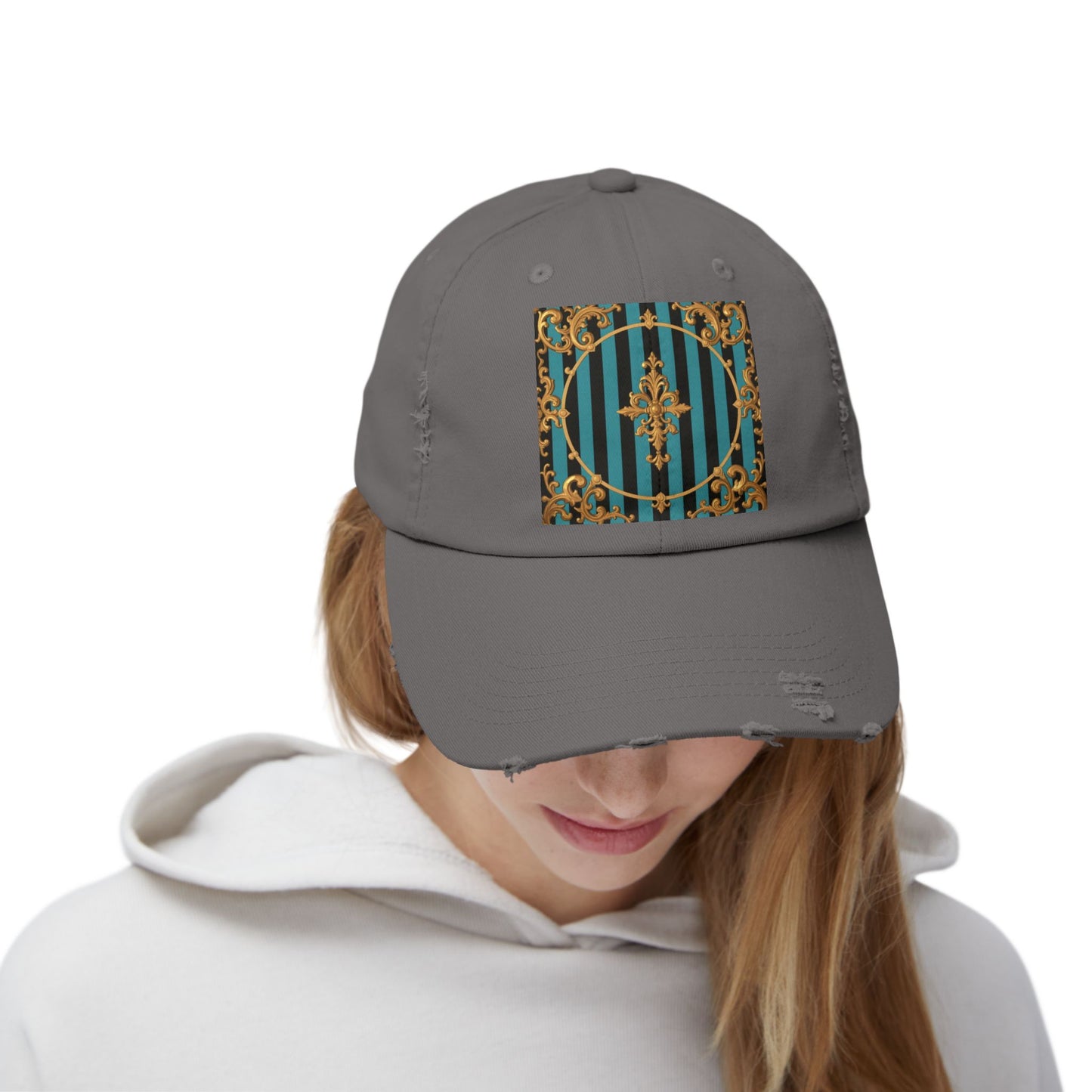 Turquoise & Black Striped Gold Baroque Distressed Cap with Elegant Design, Fashion Accessory for Everyday Wear, Perfect for Festivals, Gifts