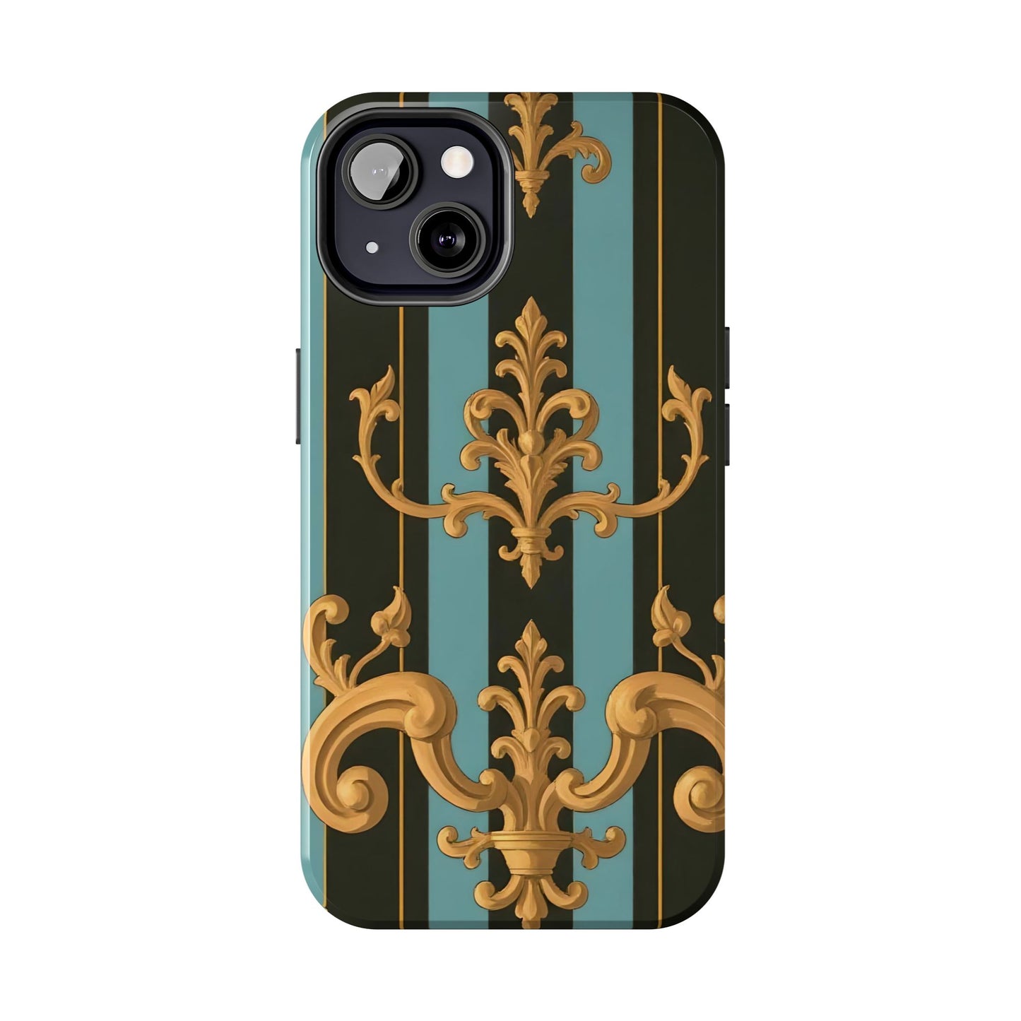 Elegant Baroque Tough Phone Case, Stylish Phone Cover, Durable iPhone Case, Unique Gift - Black & Turquoise Striped Baroque