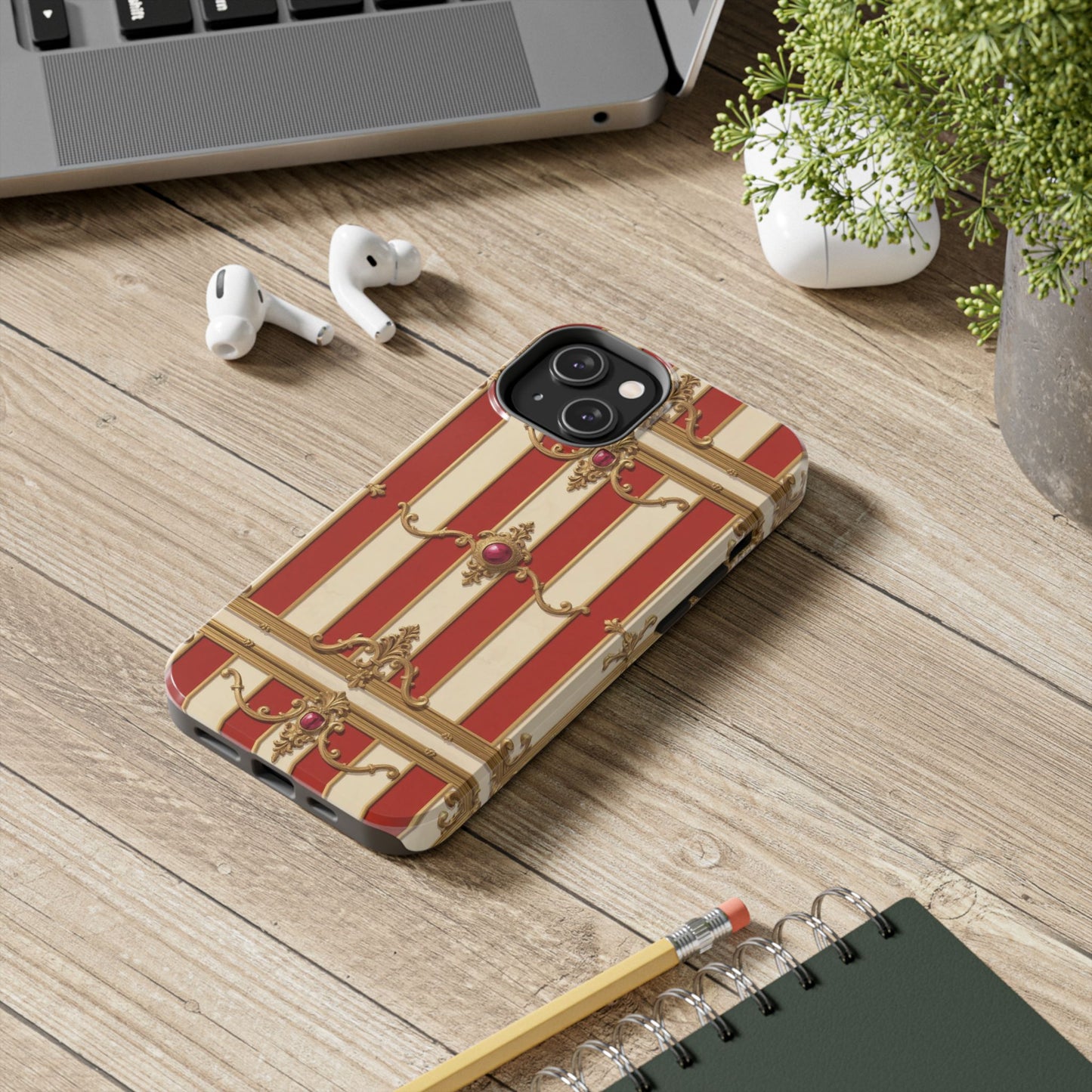 Elegant Alabaster & Dusk Orange Striped Baroque Tough Phone Case - Stylish Protection for Your Device