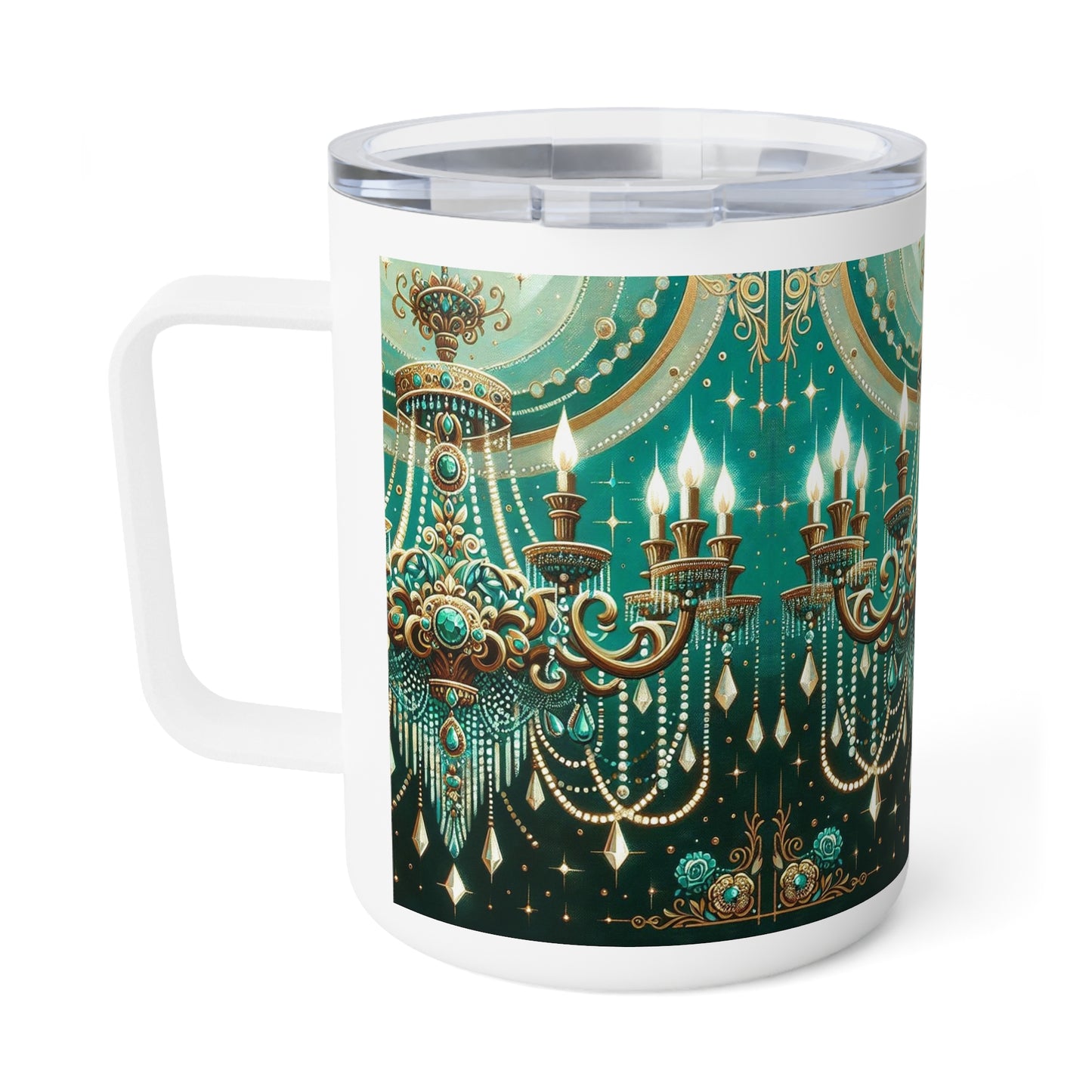 Insulated Coffee Mug, 10oz - Green & Gold Jeweled Chandelier