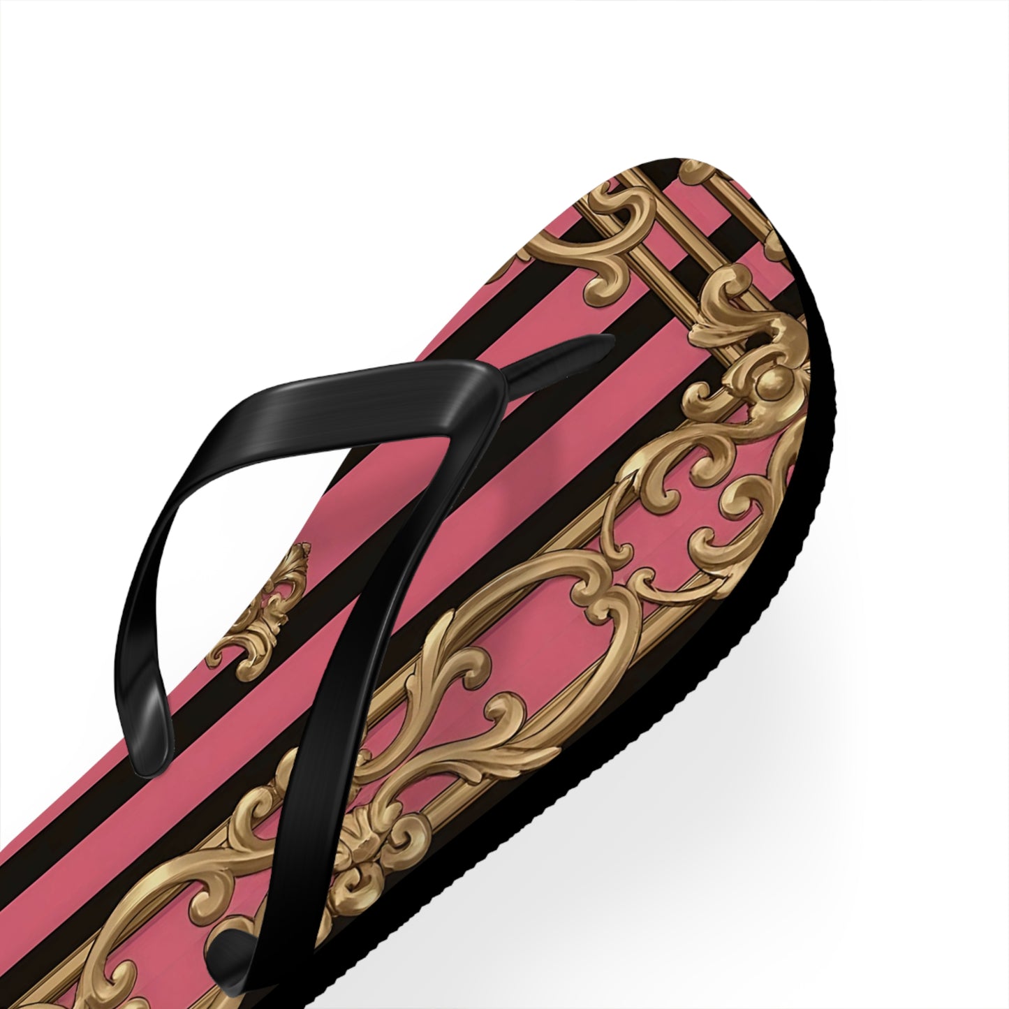 Chic Flip Flops, Stylish Summer Sandals, Beachwear, Poolside Accessories, Vacation Footwear, Trendy Casual Shoes - Pink Striped Gold Rococo