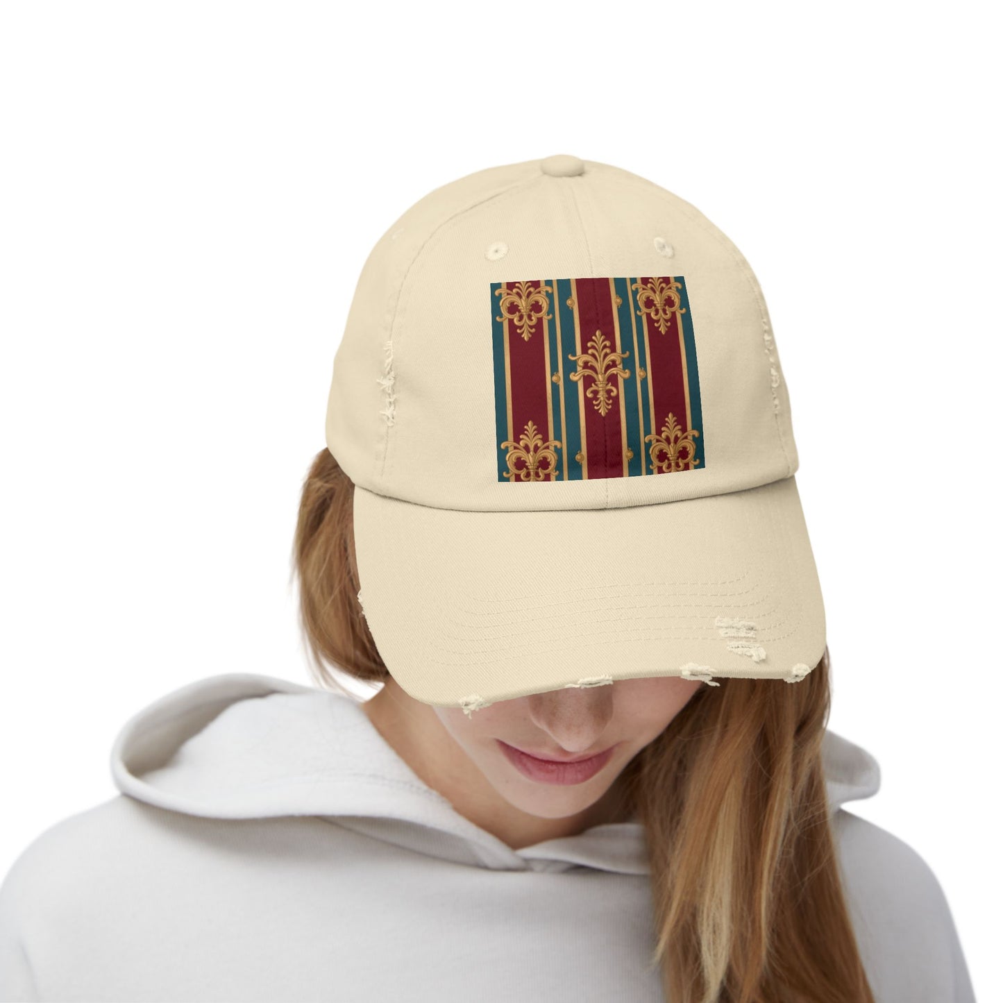 Stylish Unisex Distressed Cap with Vintage Striped Design, Casual Wear, Outdoor Activities, Gift for Him/Her - Burgundy Striped Gold Baroque