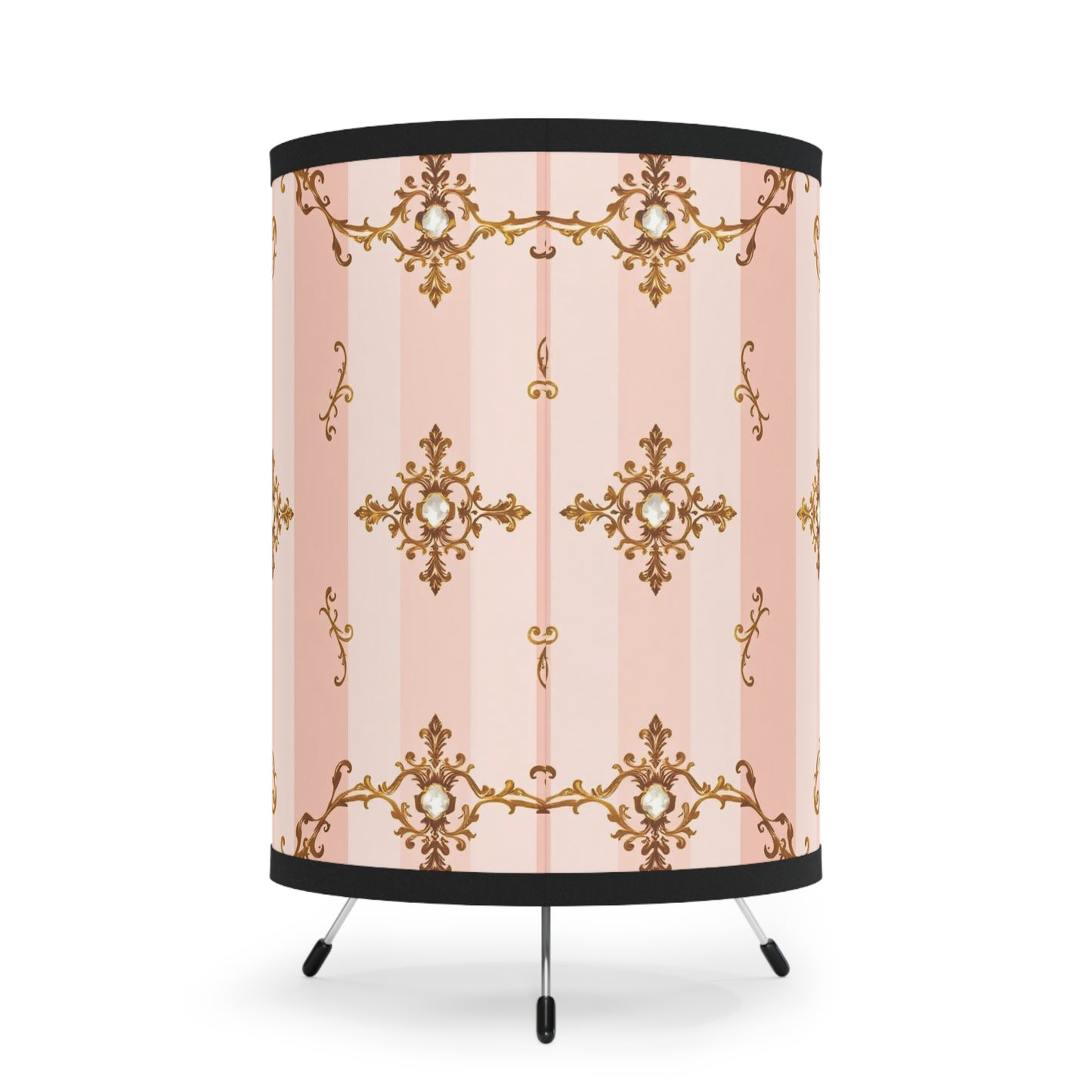 Elegant Tripod Lamp with Vintage Floral Design Shade - Pink Jeweled Striped Gold Baroque