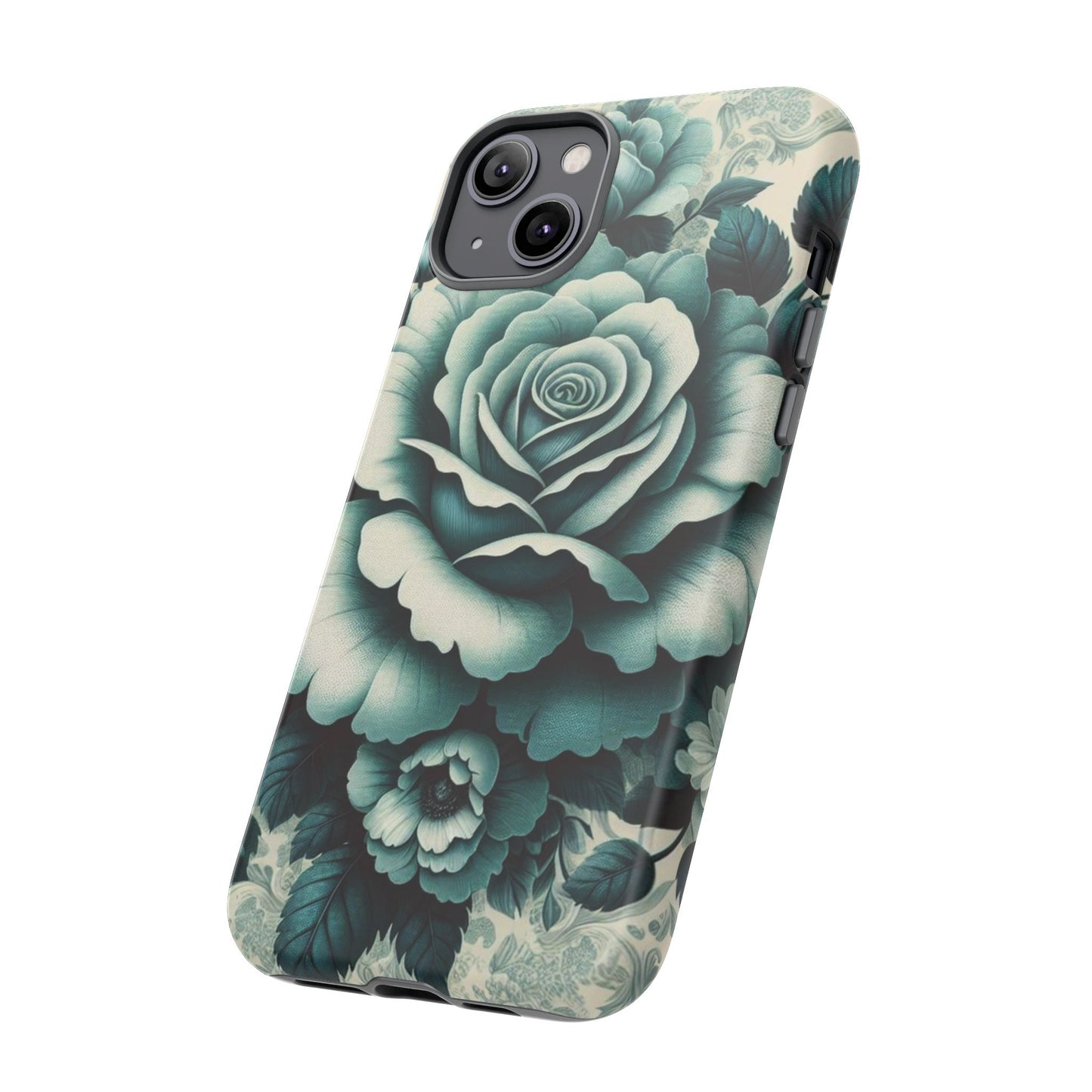 Elegant Floral Motif Phone Case - Tough Cases with Vintage Design - Teal Roses & Damask