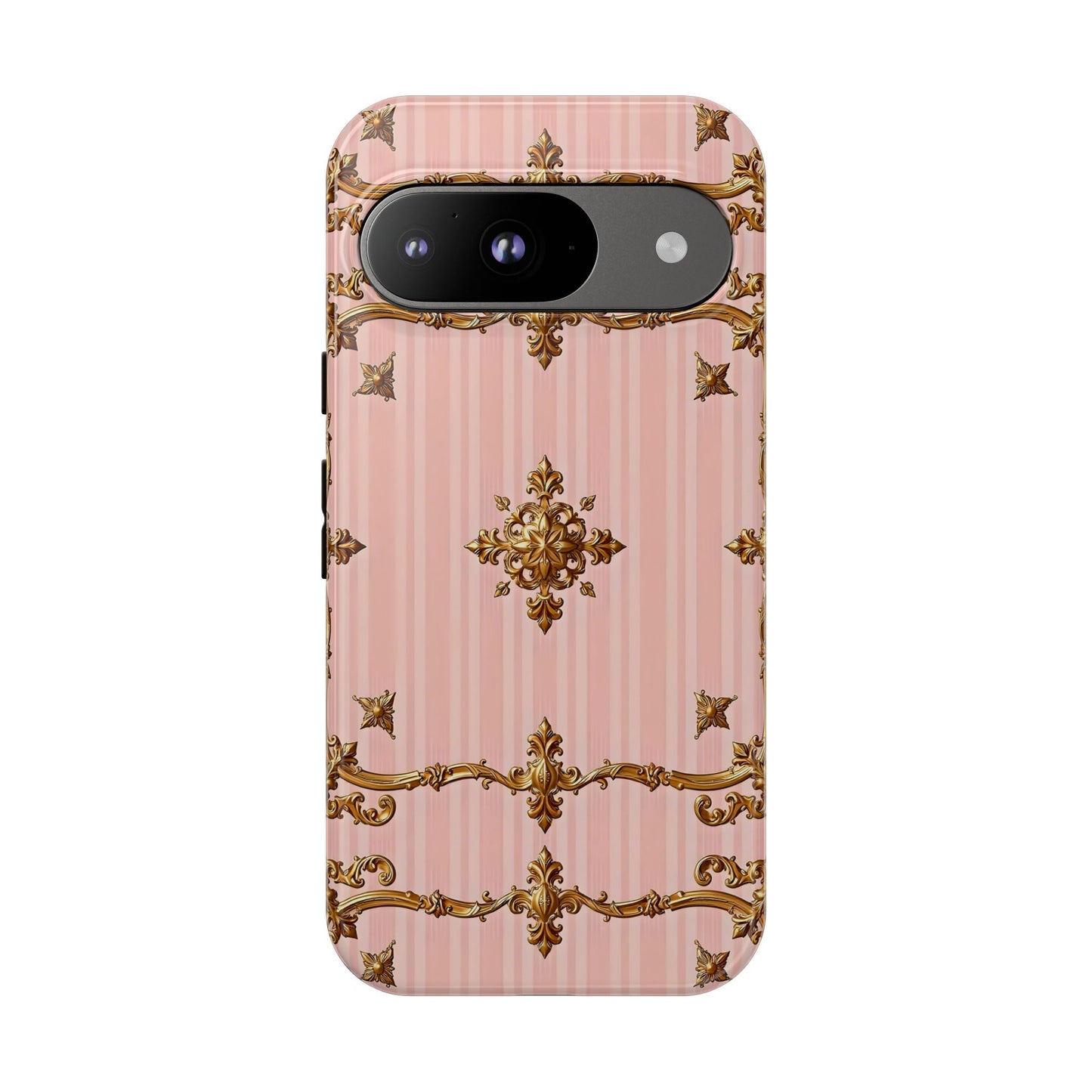 Elegant Floral Phone Case, Tough Cases for Women, Trendy Phone Cover, Chic Gift - Pink Striped Gold Baroque