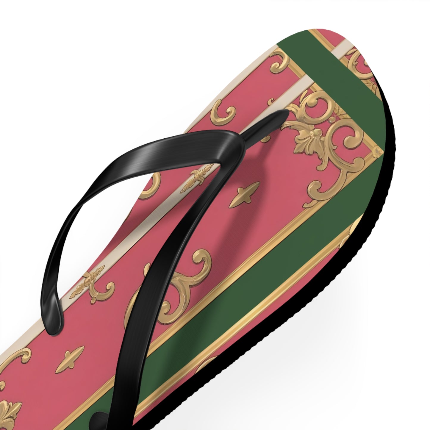 Elegant Green Border Pink Striped Baroque Flip Flops, Summer Footwear, Vacation Sandals, Beach Accessories, Stylish Thong Slippers