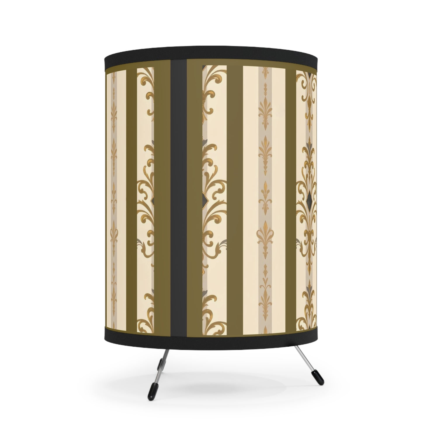 Elegant Tripod Lamp with Vintage Floral Print Shade - High-Res Home Accent - Olive Striped Gold Damask