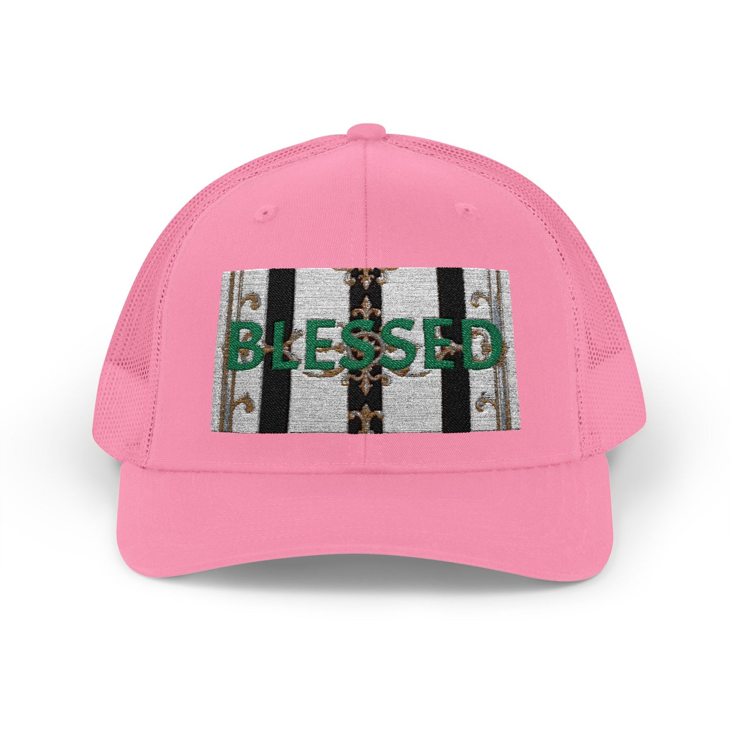 Blessed Snapback Trucker Cap | Casual Style, Outdoor Gear, Faith-Based Gift, Adjustable Hat, Everyday Fashion - Black & White Striped Gold Baroque