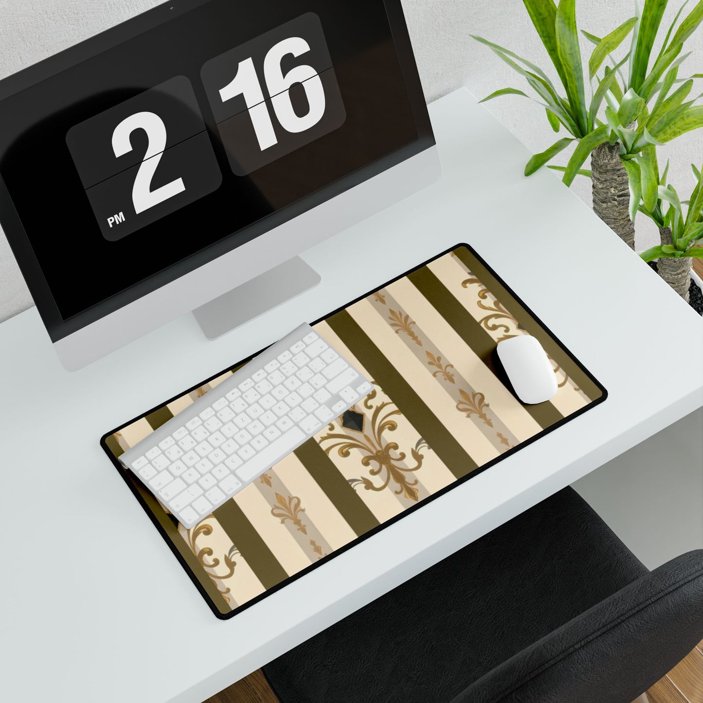 Elegant Floral Motif Desk Mat for Home Office Decor - Olive Striped Gold Damask