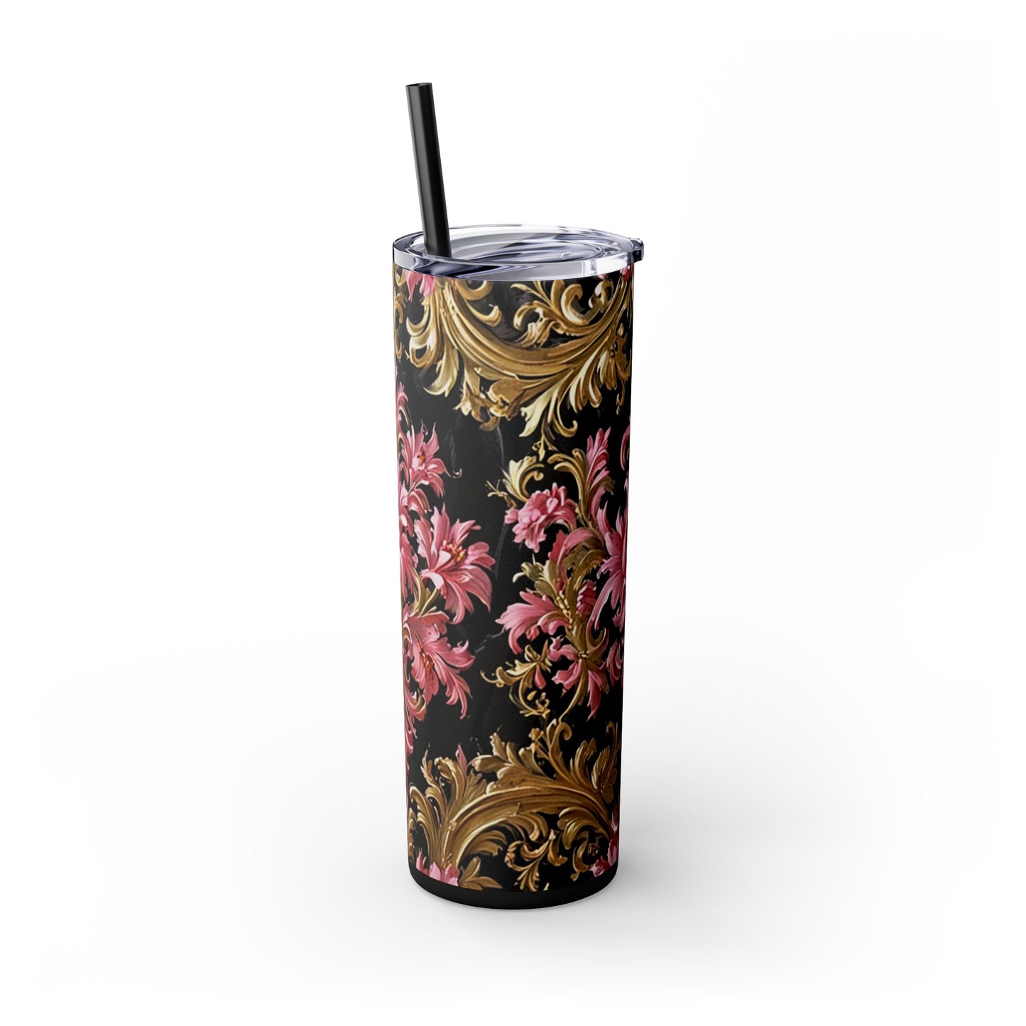 Chic Floral Skinny Tumbler with Straw, 20oz - Elegant Drinkware for Tea Lovers, Travel Mugs, Gifts for Her - Black & Pink Oil Painting Style Rococo