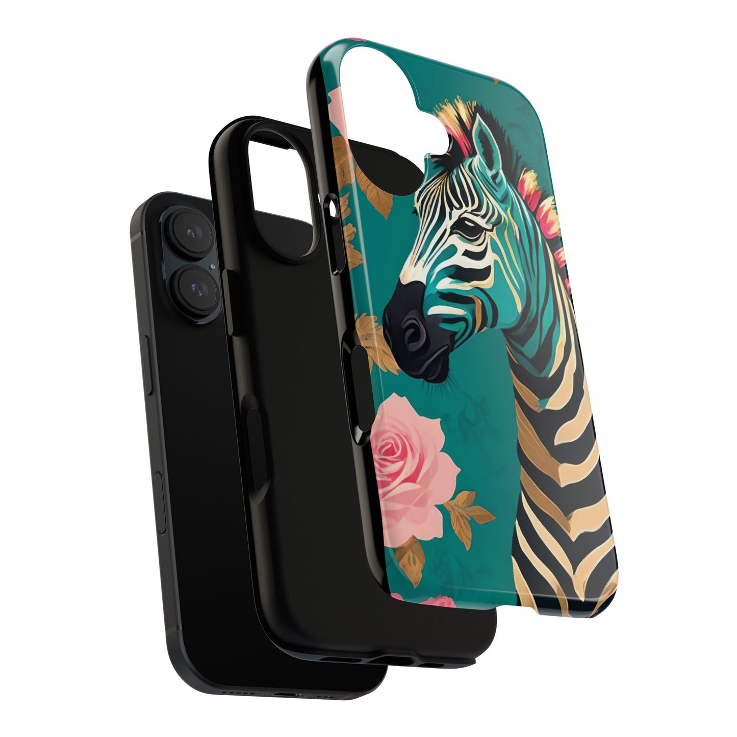 Phone Case - Elegant Teal & Gold Zebra & Roses Design
