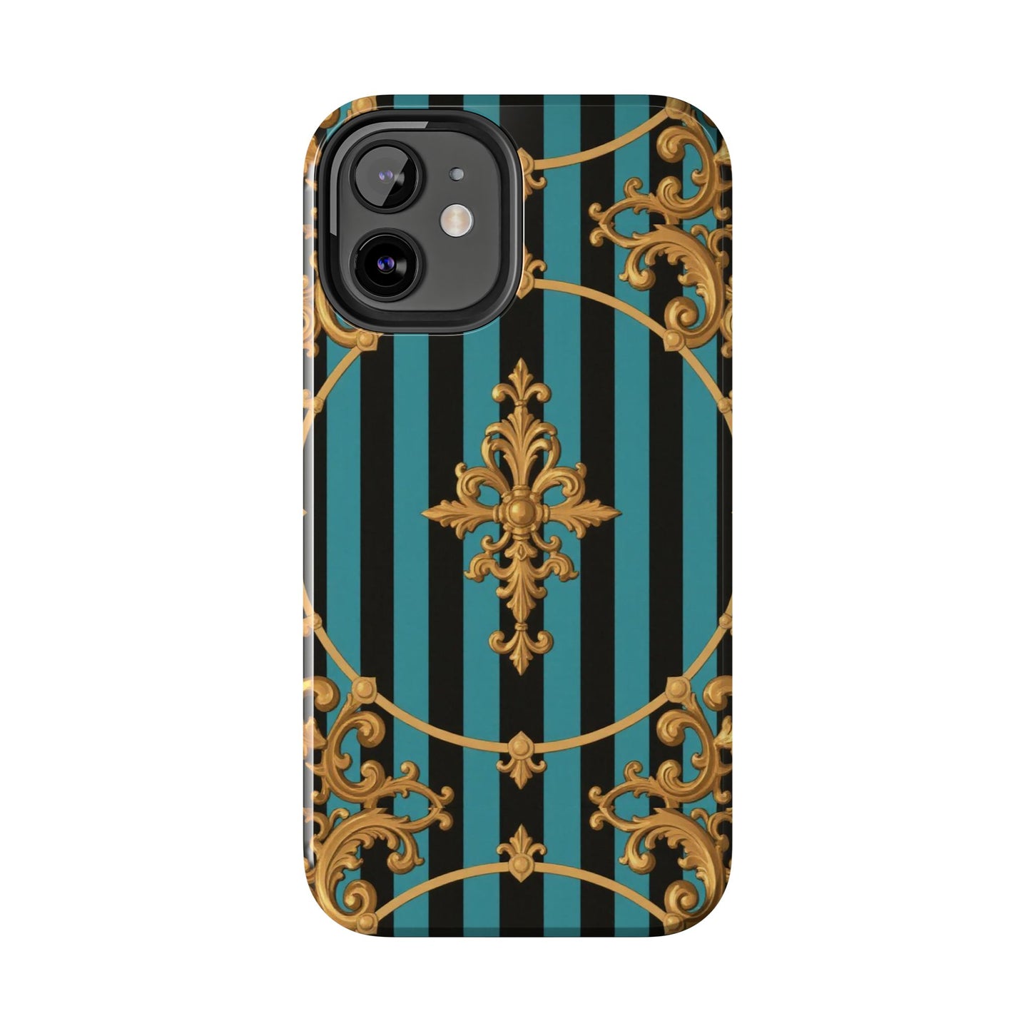 Elegant Turquoise & Black Striped Gold Baroque Phone Case, Tough Phone Cases for Fashion Lovers, Gift for Her, Luxury Accessories