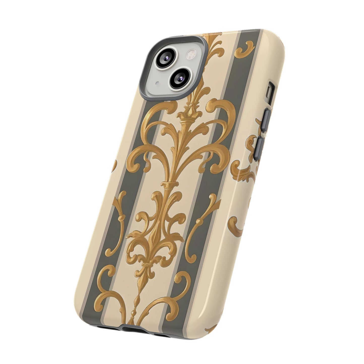 Elegant Floral Motif Phone Case - Tough Cases with Vintage Design - Dusk Olive Striped Gold Damask