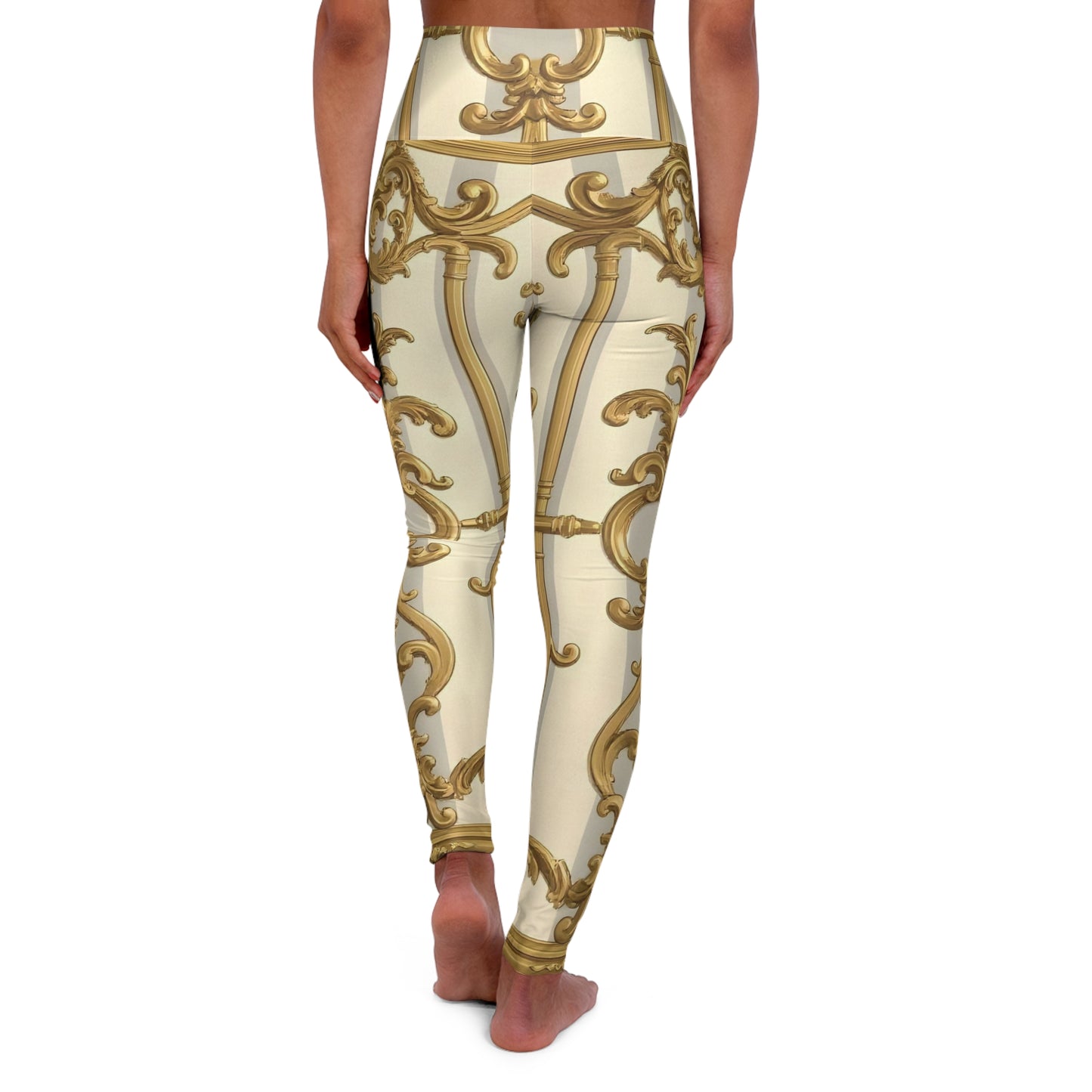 Elegant High Waisted Yoga Leggings, Artistic Activewear for Yoga, Fitness & Lounge, Unique Gift for Her - Matte Gray & Cream Striped Gold Baroque