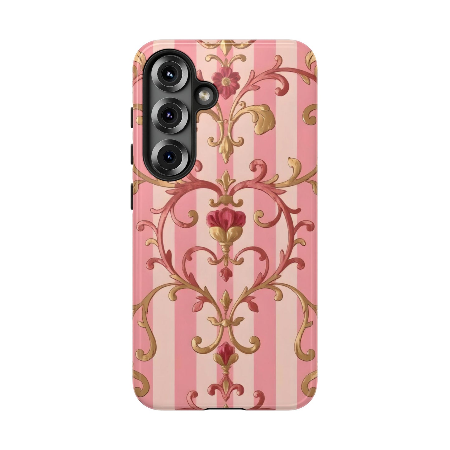 Elegant Floral Motif Phone Case - Tough Cases with Vintage Design - Pink Striped Rose Gold Damask