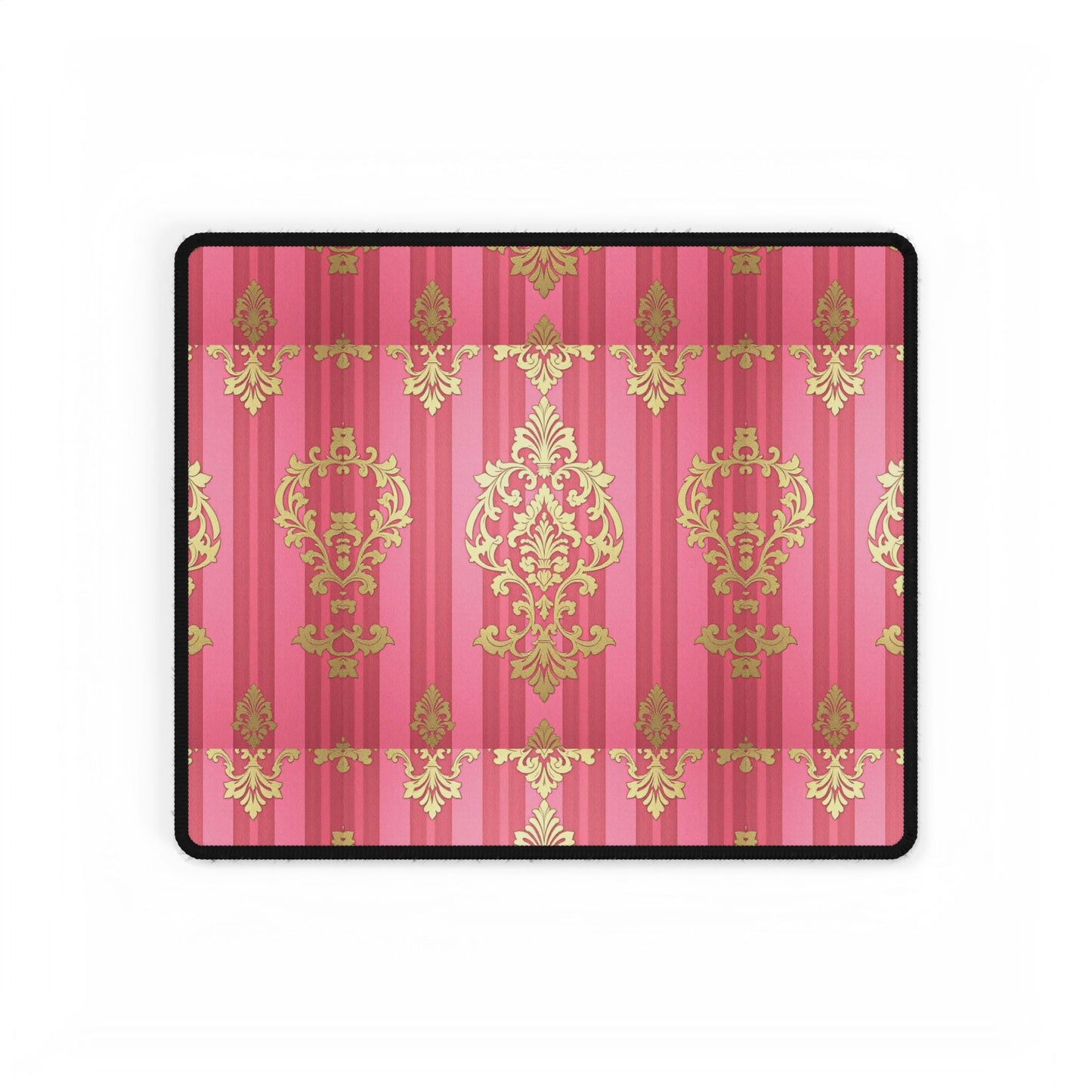Elegant Floral Motif Desk Mat for Home Office Decor - Pink Striped Gold Damask