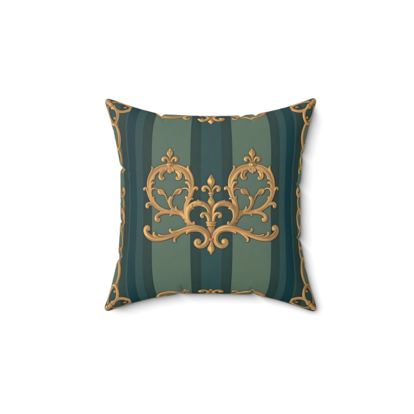 Luxurious Ornate Faux Suede Pillow | Decorative Square Cushion, Elegant Home Decor, Couch Accent - Smoky Blue & Teal Striped Baroque