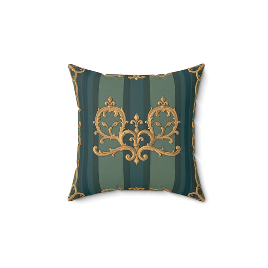 Luxurious Ornate Faux Suede Pillow | Decorative Square Cushion, Elegant Home Decor, Couch Accent - Smoky Blue & Teal Striped Baroque