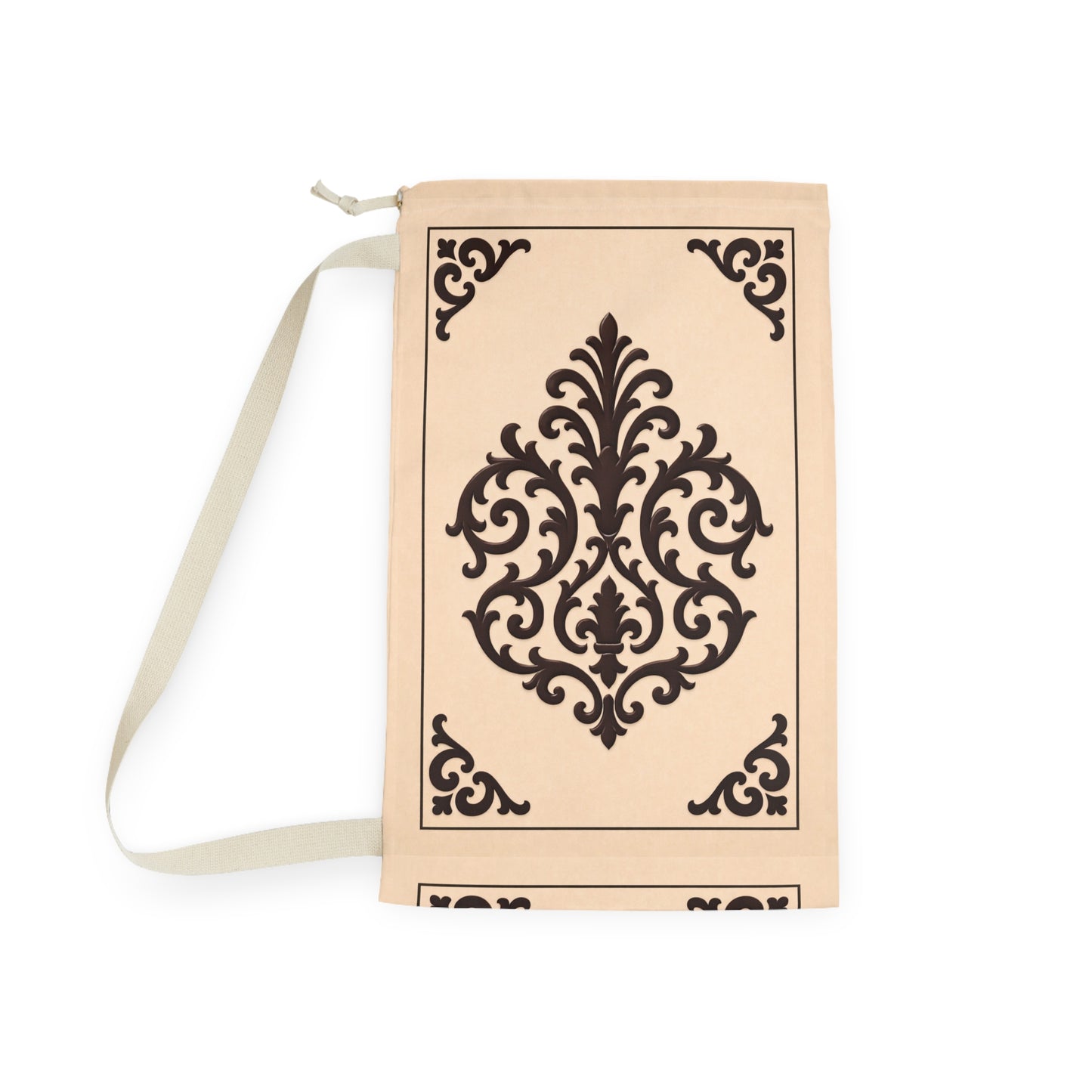 Almond-Beige & Brown Baroque Laundry Bag — Cotton Hamper Tote with Drawstring