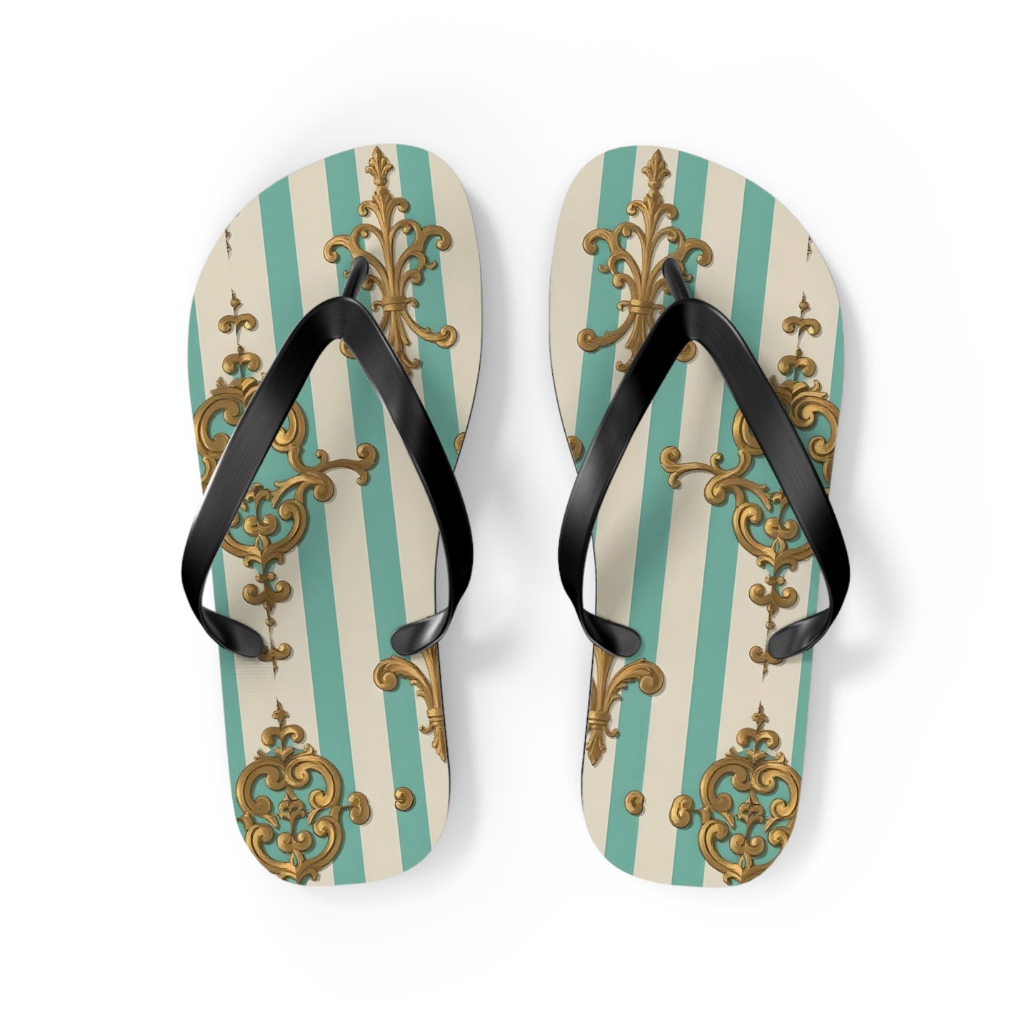 Chic Floral Flip Flops - Summer Sandals, Beach Footwear, Vacation Ready, Boho Style, Gift for Her - Matte Green Striped Rococo