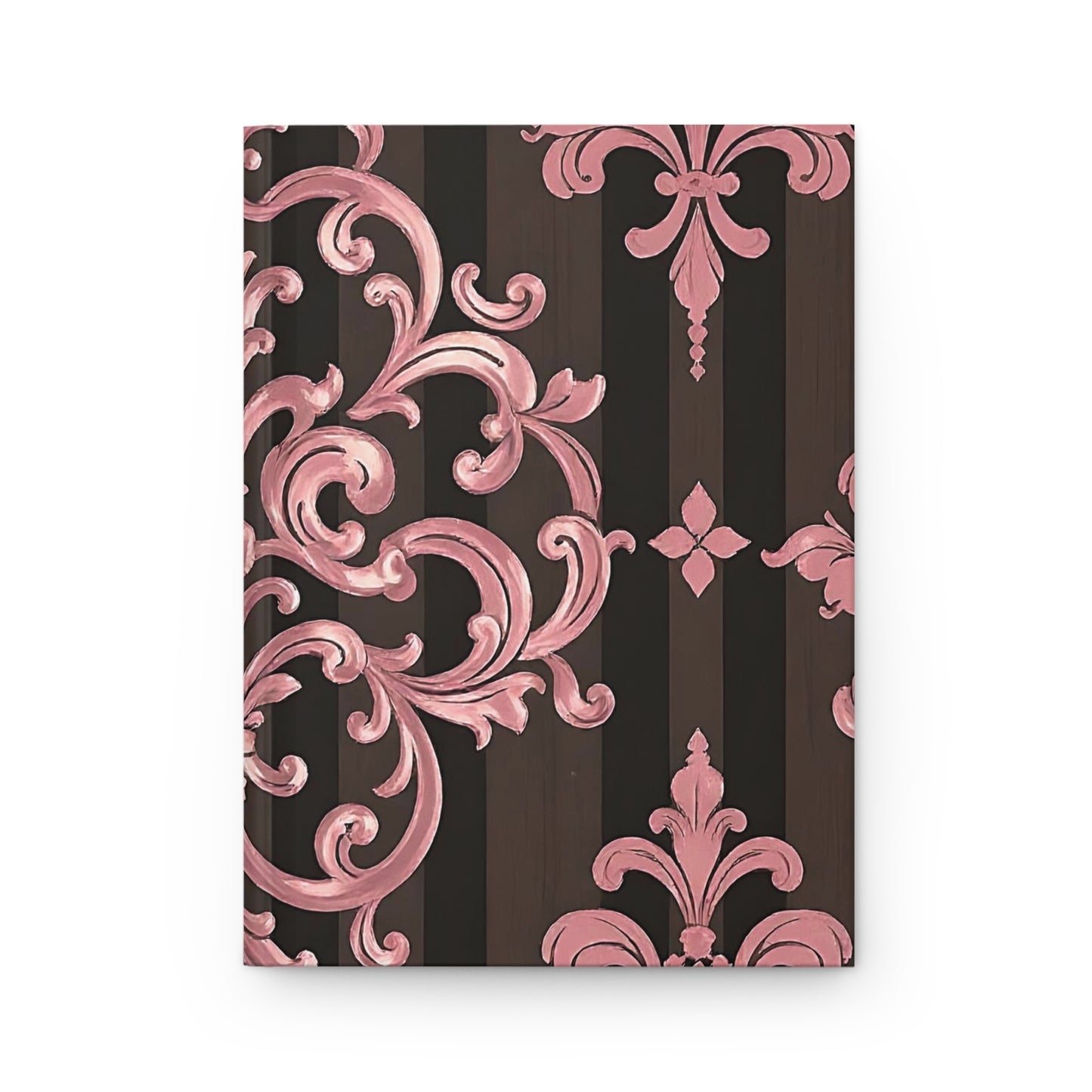 Elegant Floral Motif Hardcover Journal - Stylish Writing Notebook - Brown Striped Mauve Damask