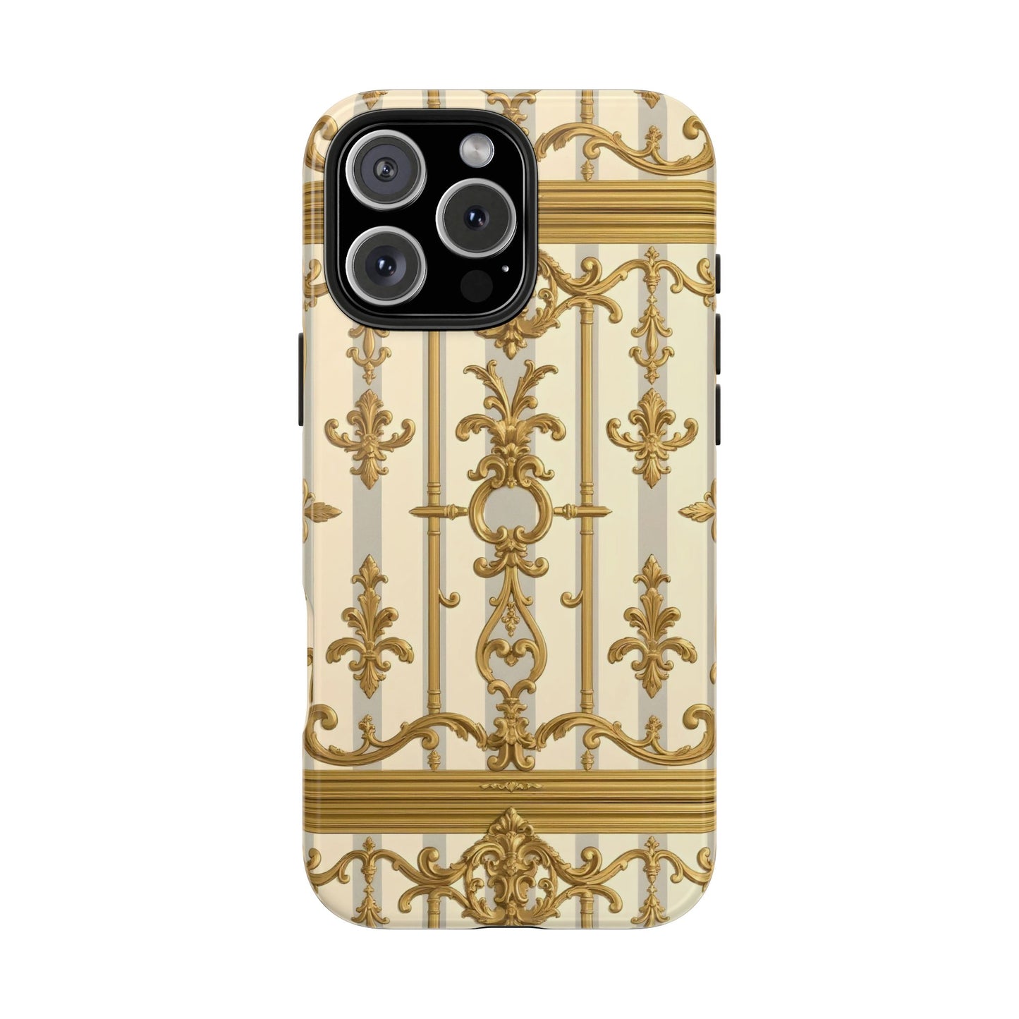 Elegant Gold Pattern Tough Phone Cases | Stylish Phone Covers, Trendy Cell Phone Accessories - Matte Gray & Cream Striped Gold Baroque