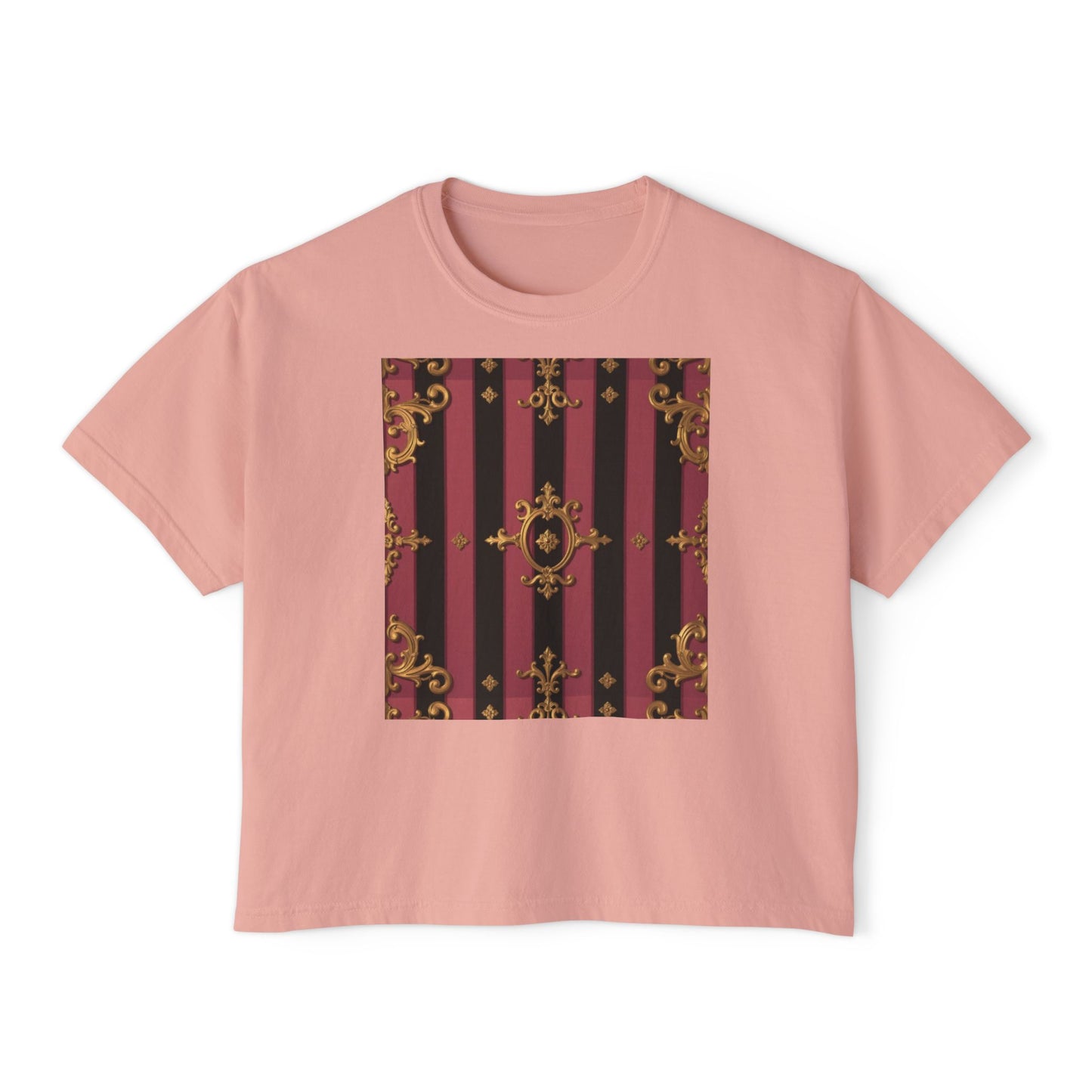 Black & Mauve Striped Gold Baroque Women's Boxy Tee, Vintage Style Top, Casual Fashion Tee, Oversized Graphic Shirt