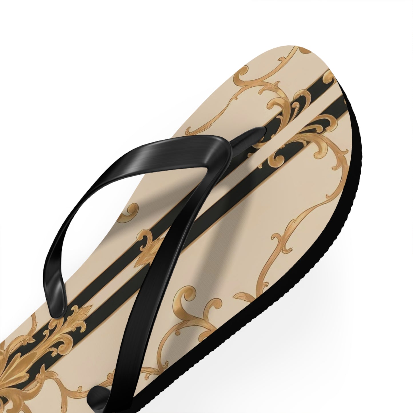 Chic Floral Flip Flops | Stylish Summer Sandals for Beach, Pool, Vacation, Travel, Fun In The Sun - Black & Beige Striped Damask