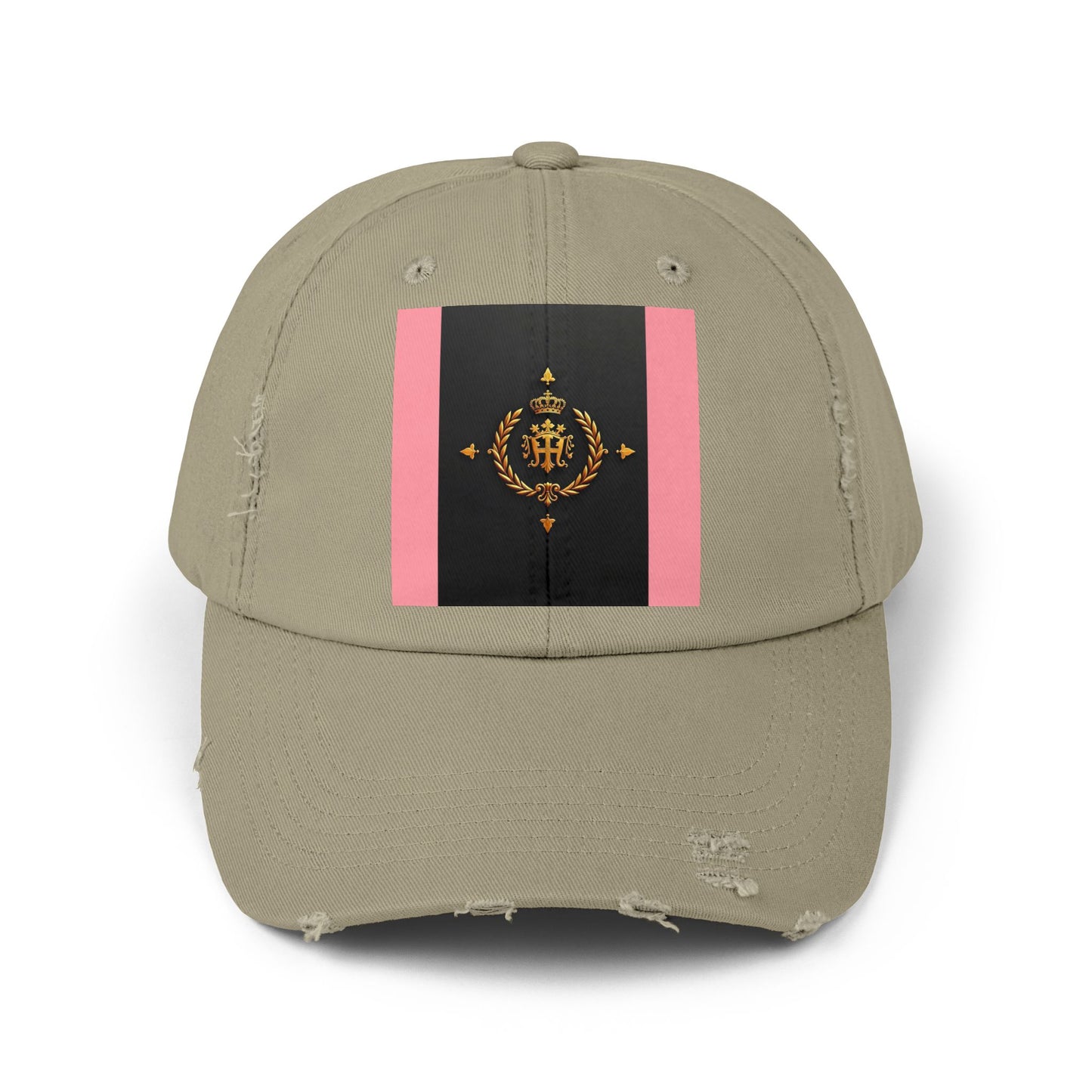 Stylish Unisex Distressed Cap with Trendy Design, Casual Accessories for Everyday Wear, Fashion Statement Cap - Pink Striped Gold Crest