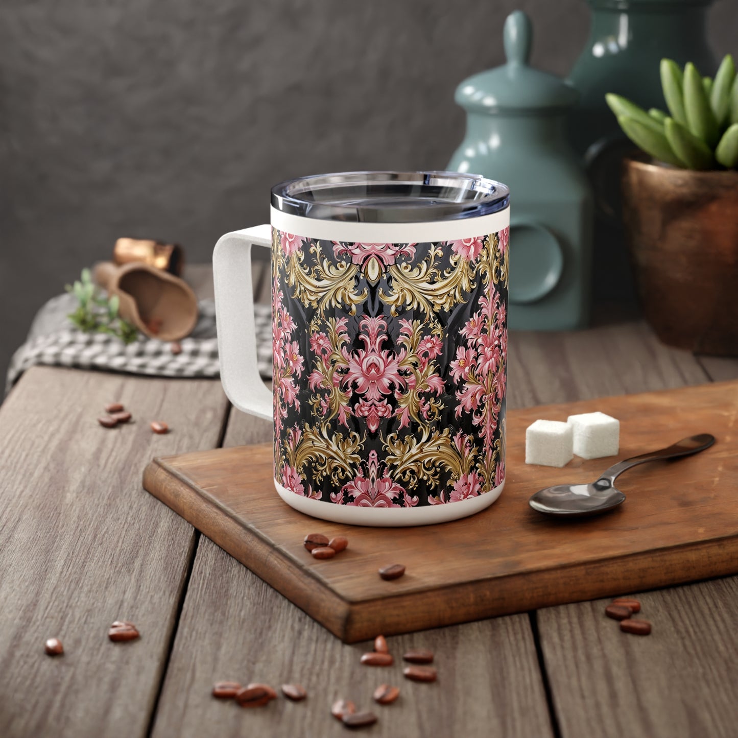 Elegant Floral Insulated Coffee Mug, Perfect Gift for Tea Lovers, Home Decor, Stylish Kitchen Accessory - Black & Pink Oil Painting Style Rococo