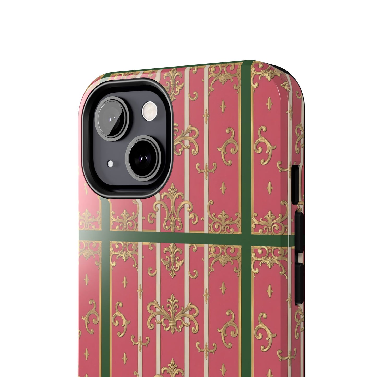 Elegant Green Border Pink Striped Baroque Phone Cases, Tough Phone Cases for Protection, Stylish Mobile Accessories, Gift for Her, Holiday Tech Gifts