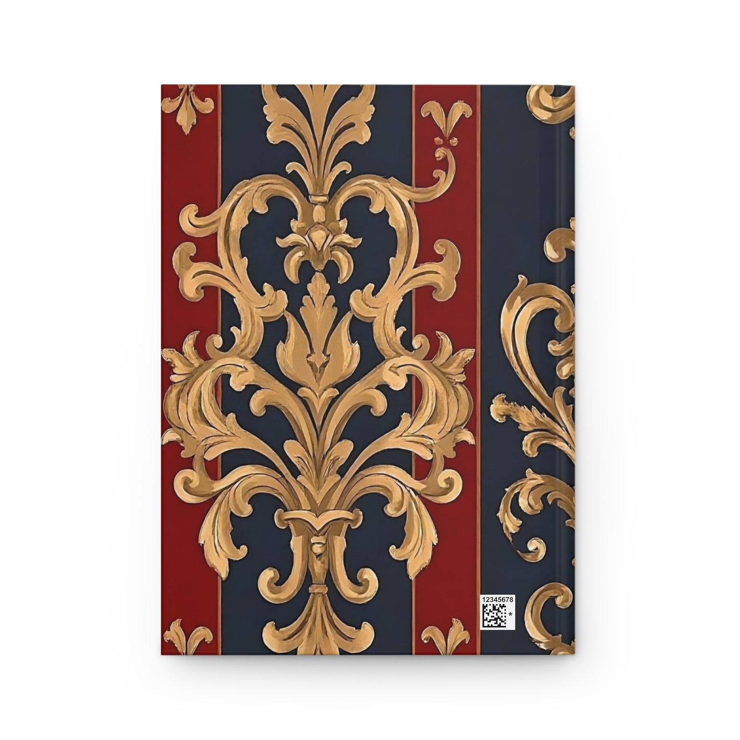Elegant Floral Motif Hardcover Journal - Stylish Writing Notebook - Midnight Blue & Dusk Red Striped Gold Damask