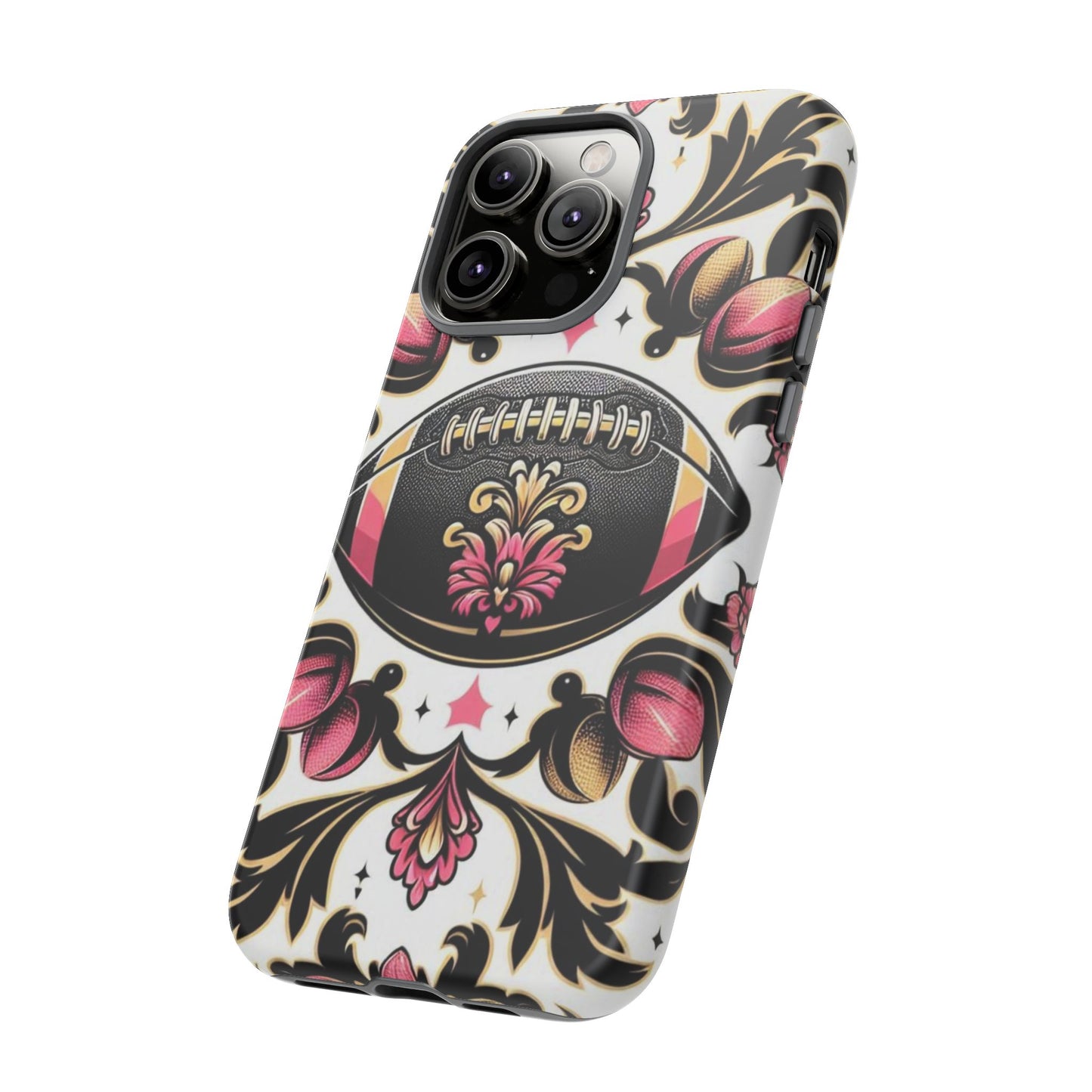 Elegant Floral Motif Phone Case - Tough Cases with Vintage Design - Damask White, Pink Gold & Black Football