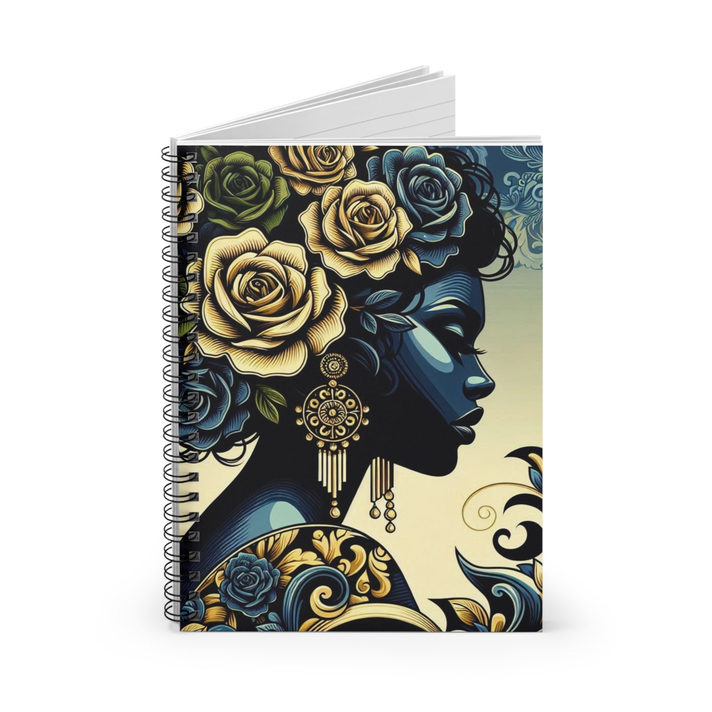 Elegant Vintage Spiral Notebook - Ruled Line with Midnight Blue Lady & Damask Design