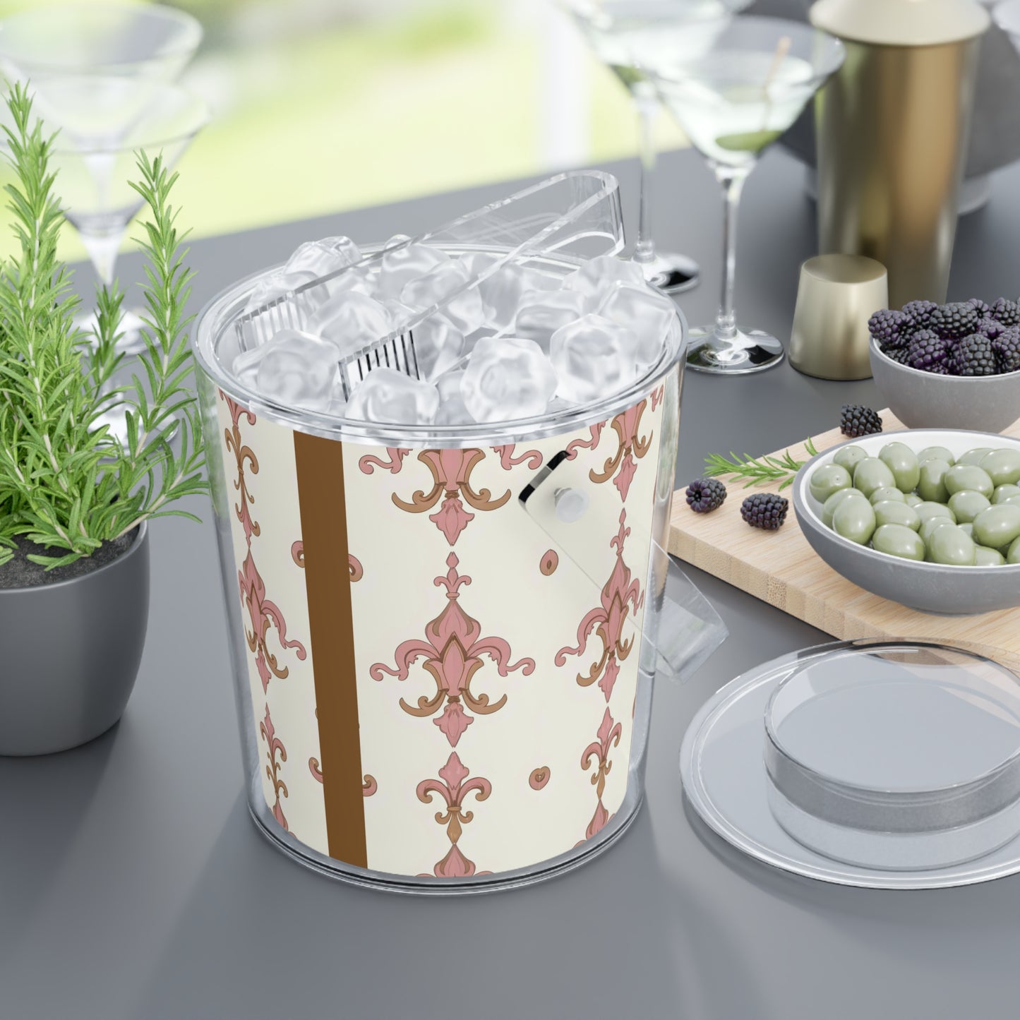 Elegant Decorative Ice Bucket with Tongs, Perfect for Parties, Weddings, Home Bars, Holiday Gatherings, Gift for Hosts - Brown Striped Pink Arabesque