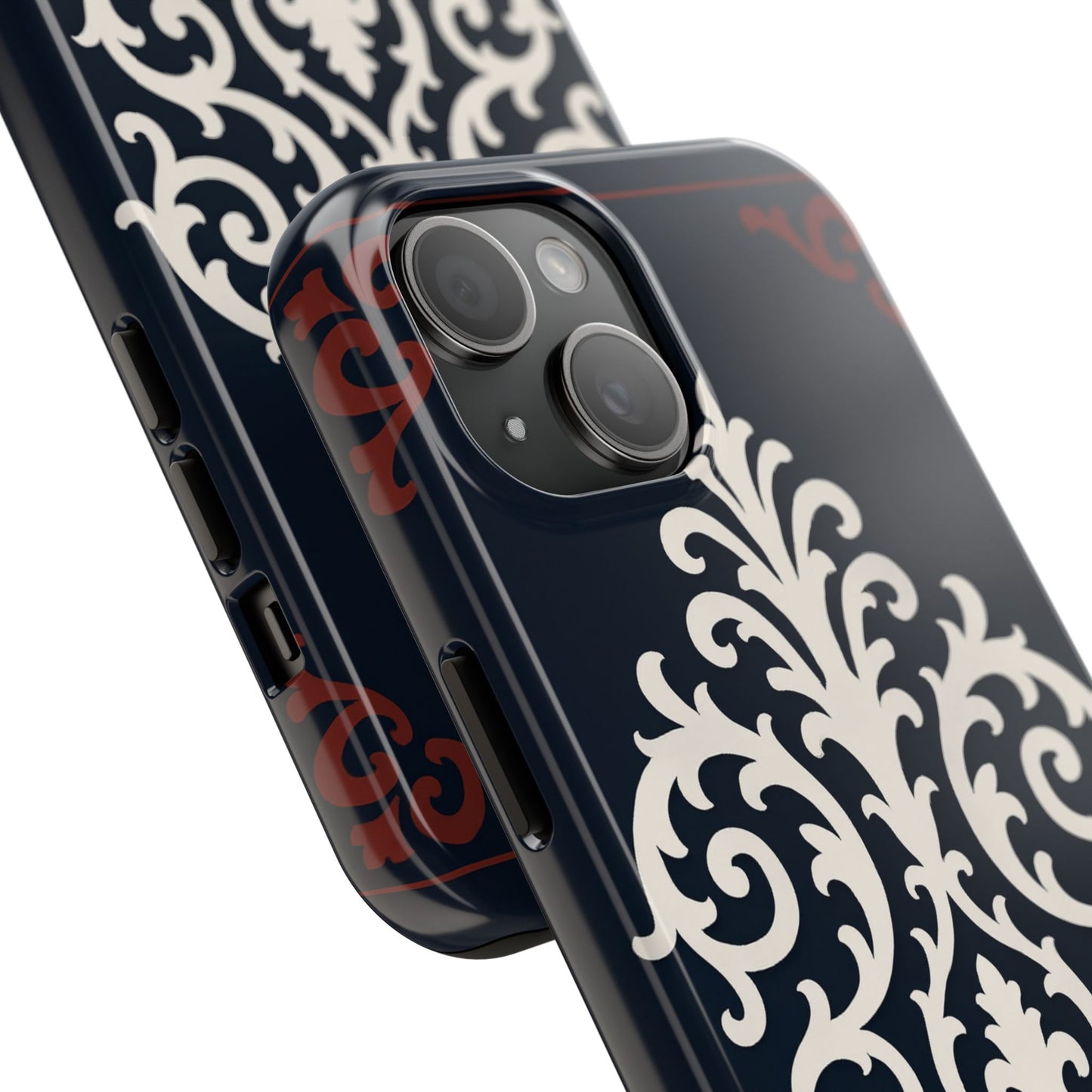 Dusk Blue-Maroon & White Baroque Tough Phone Case — Vintage Scroll Design