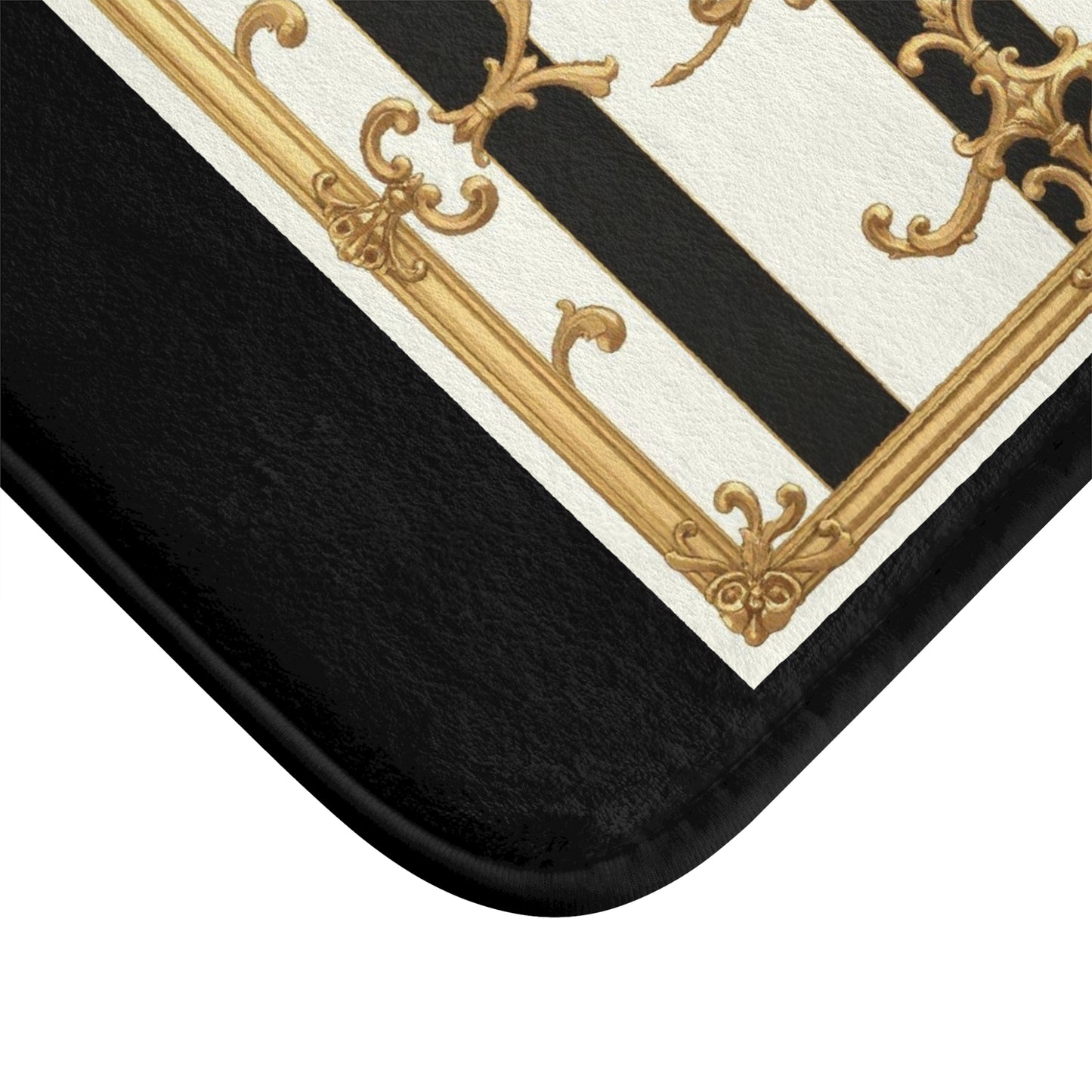 Elegant Gold and Black Bath Mat, Luxurious Bathroom Decor, Chic Home Accent, Gift for Housewarming - Black & White Striped Gold Baroque