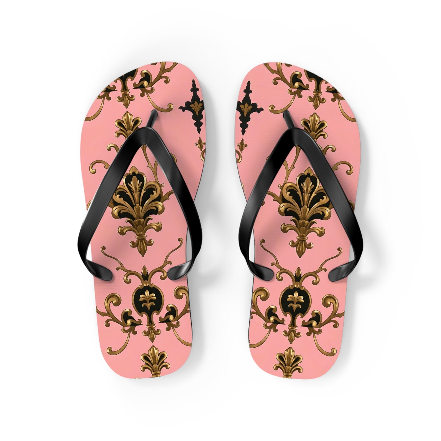 Stylish Flip Flops with Elegant Pink Design, Summer Footwear, Beach Sandals, Vacation Essentials - Pink, Black & Gold Rococo