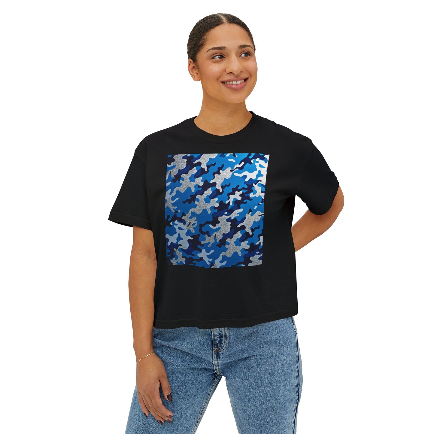 Camo Print Women's Boxy Tee, Casual Top, Summer T-Shirt, Outdoor Wear, Gift for Her, Trendy Fashion - Blue Camo