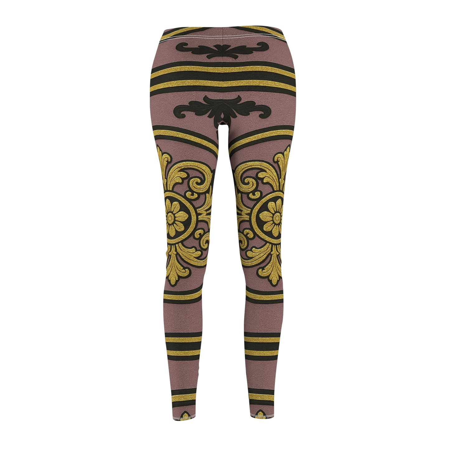 Elegant Gilded Mauve Black-Gold Baroque AOP Women's Casual Leggings - Everyday Wear, Activewear, Unique Gift
