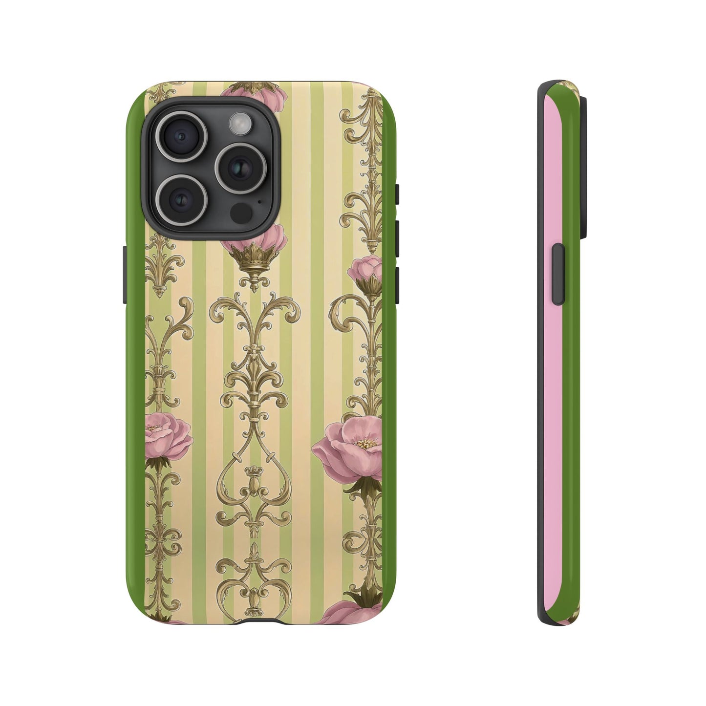 Elegant Floral Motif Phone Case - Tough Cases with Vintage Design - Lime Green & Pink Striped Damask