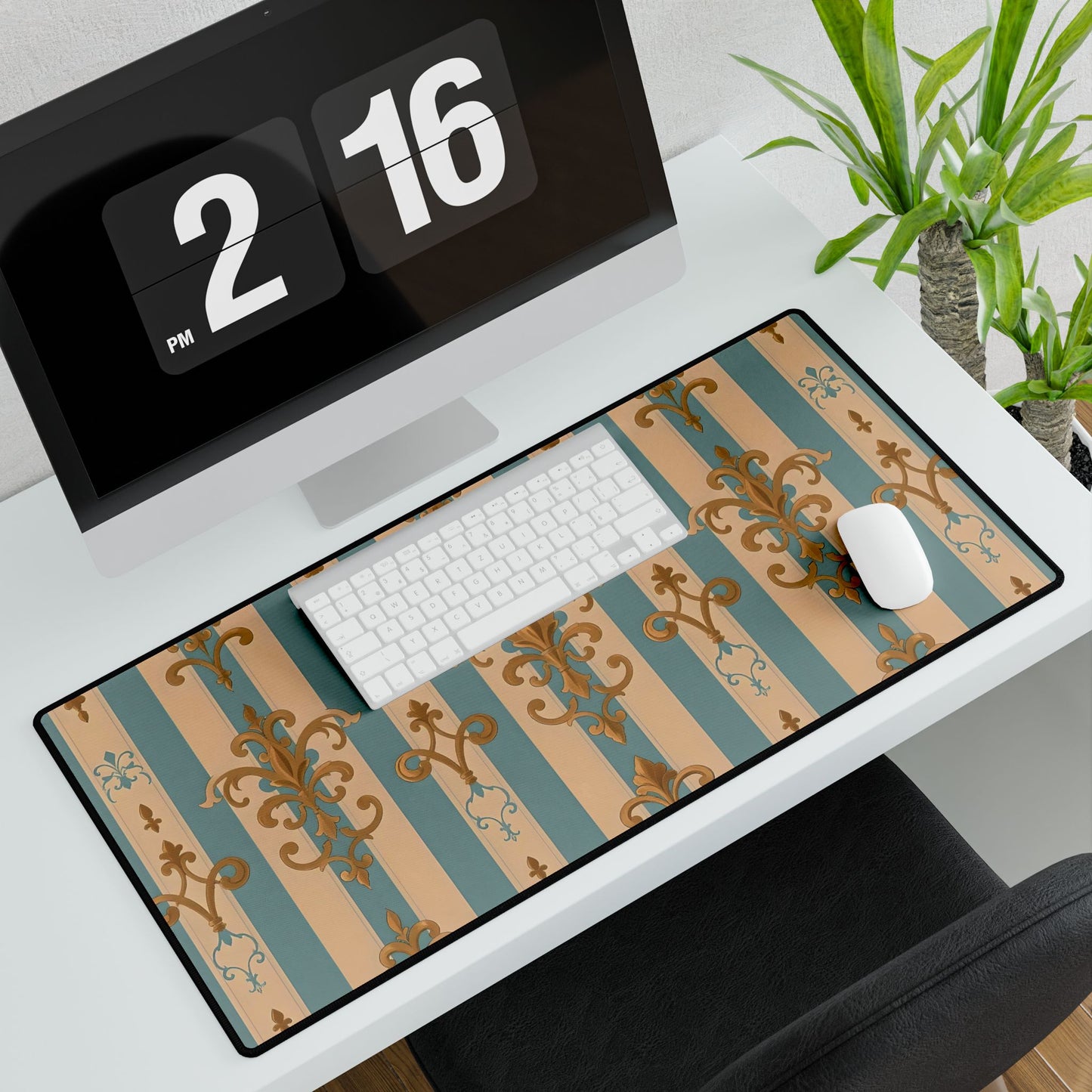 Elegant Floral Motif Desk Mat for Home Office Decor - Beige & Sky Blue Striped Gold Damask