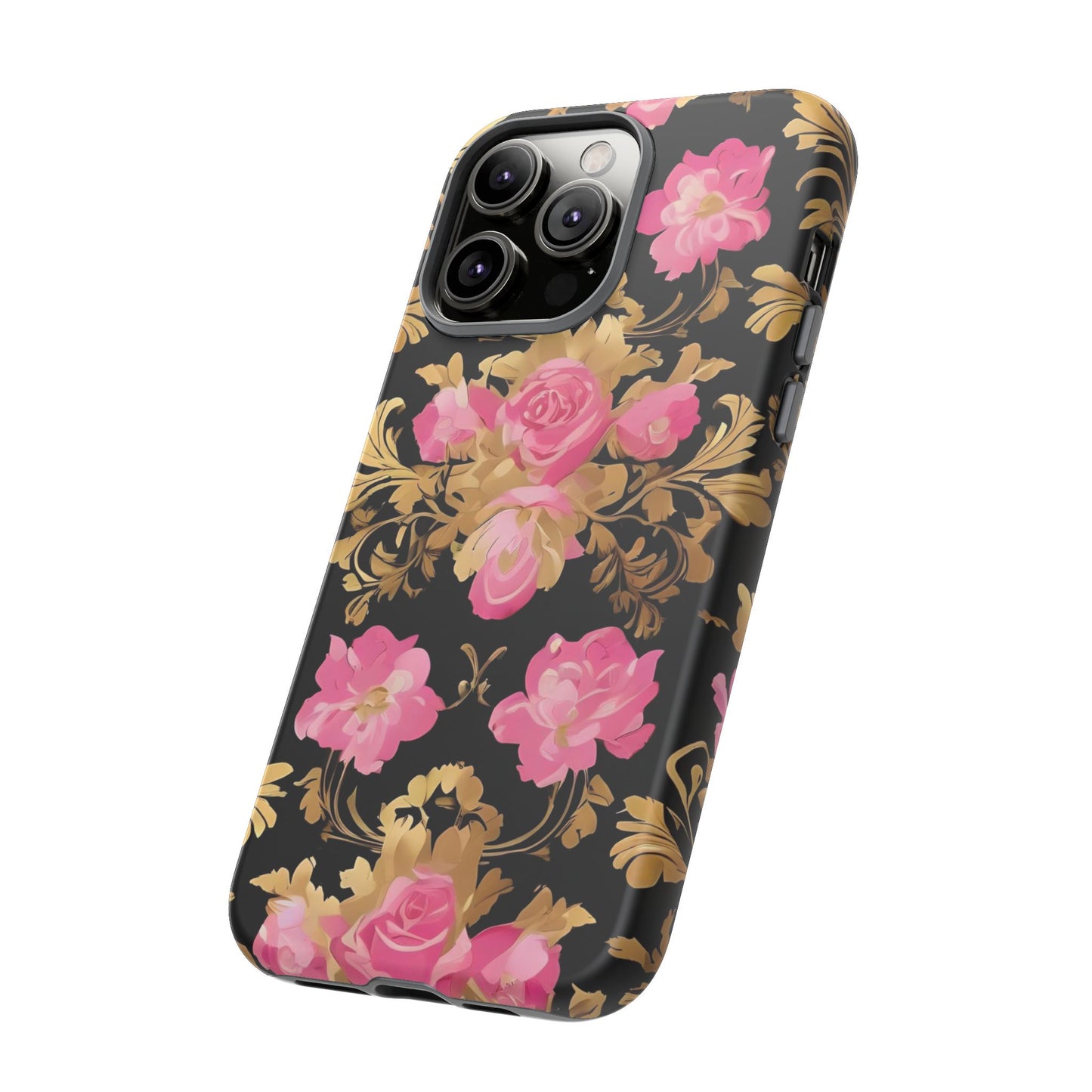 Elegant Floral Motif Phone Case - Tough Cases with Vintage Design - Pink & Gold Roses