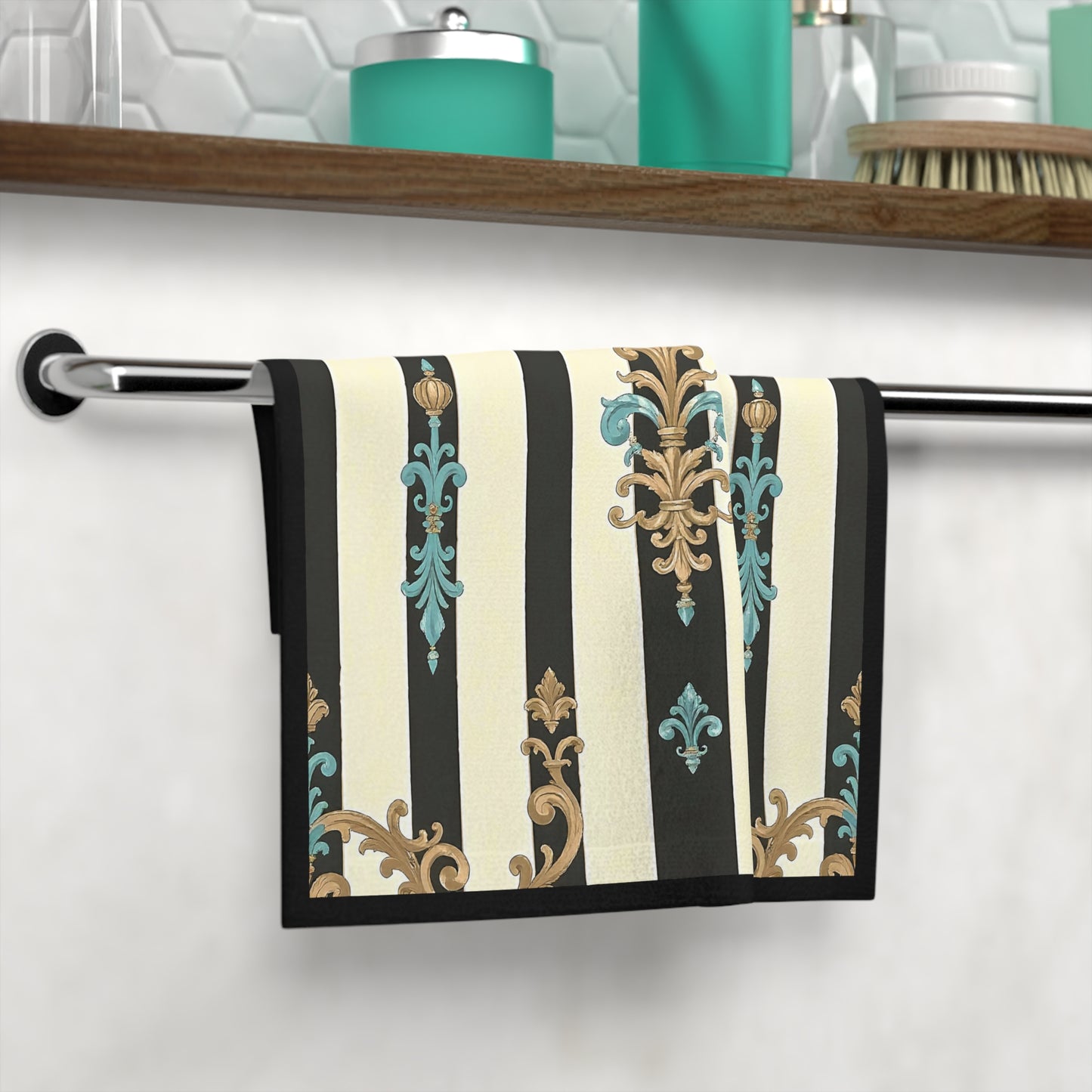 Elegant Patterned Face Towel - Luxurious Bath Accessory, Decorative Hand Towel, Gift for Home Decor - Black Striped Turquoise & Black Rococo