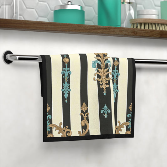 Elegant Patterned Face Towel - Luxurious Bath Accessory, Decorative Hand Towel, Gift for Home Decor - Black Striped Turquoise & Black Rococo