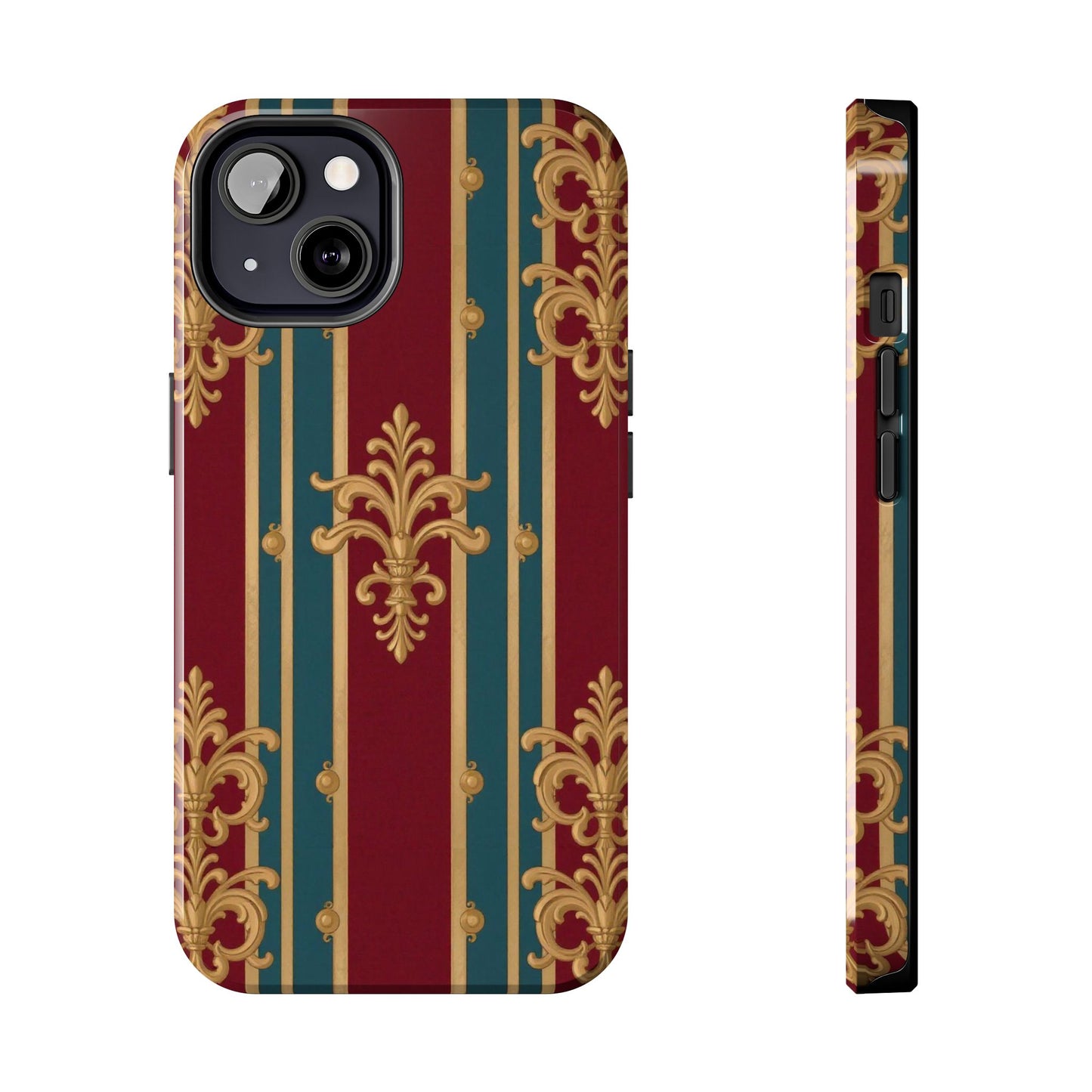 Elegant Vintage Tough Phone Case, Luxury Phone Protection, Stylish Phone Cover, Durable Phone Accessory - Burgundy Striped Gold Baroque
