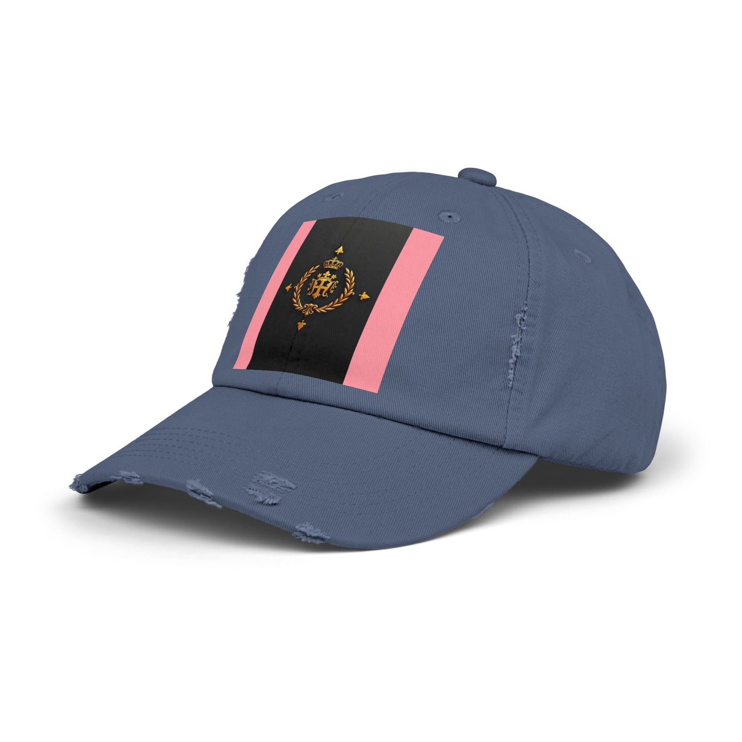 Stylish Unisex Distressed Cap with Trendy Design, Casual Accessories for Everyday Wear, Fashion Statement Cap - Pink Striped Gold Crest