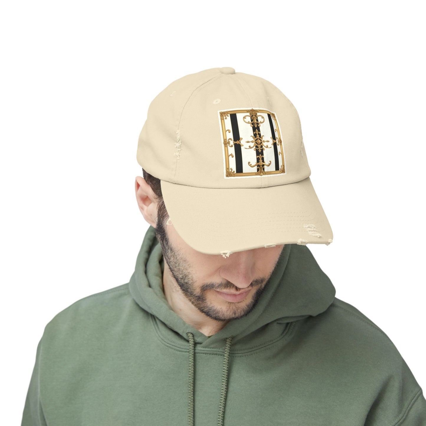 Stylish Distressed Cap with Unique Gold Design, Trendy Hat, Casual Wear, Gift for Him/Her - Black & White Striped Gold Baroque