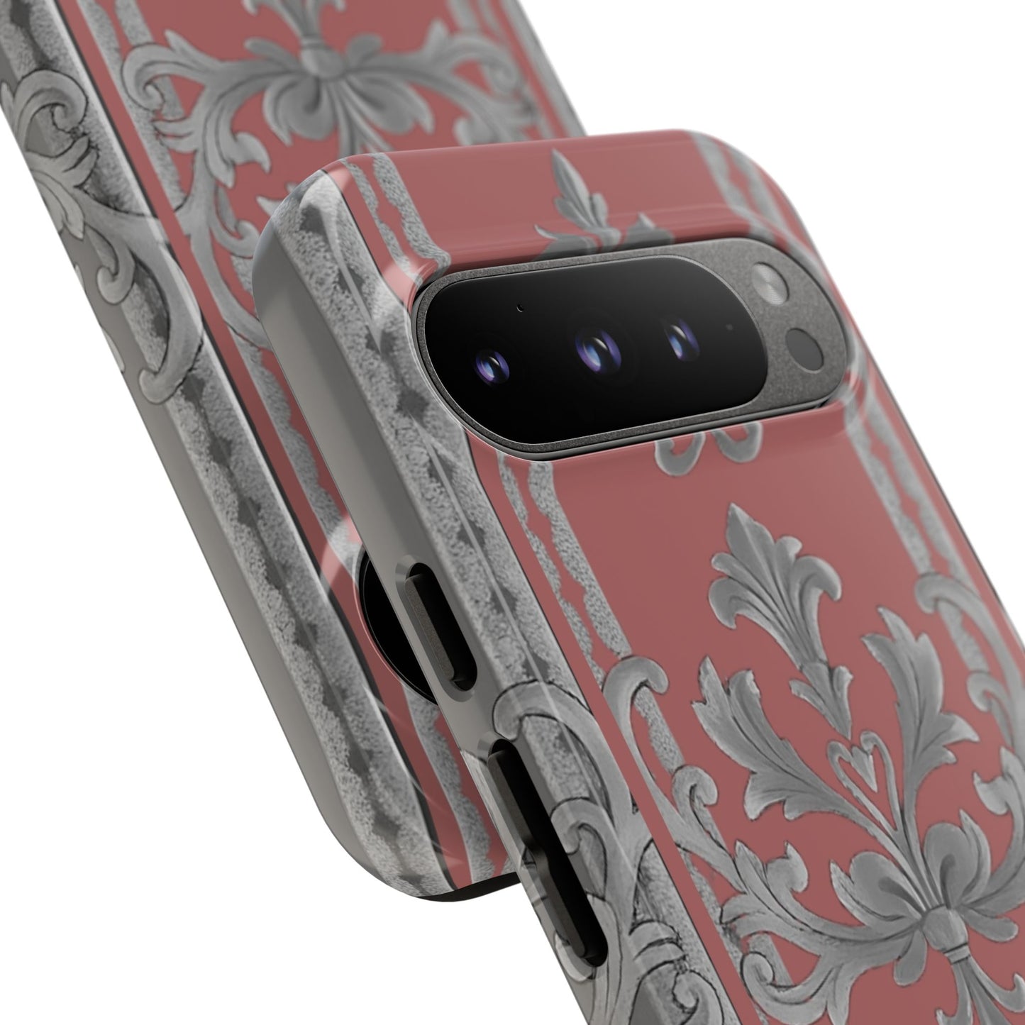 Elegant Floral Phone Case - Tough Cases for Stylish Protection - Gray & Mauve Striped Baroque