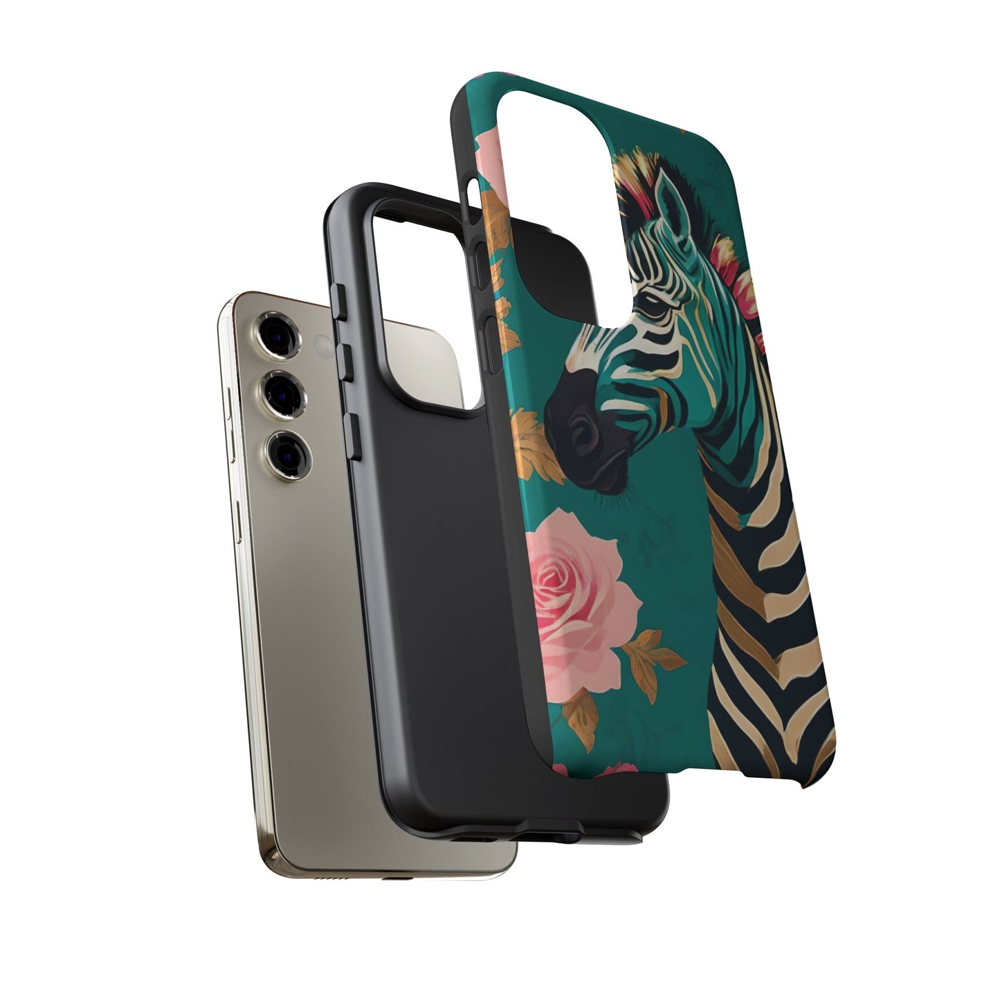 Phone Case - Elegant Teal & Gold Zebra & Roses Design